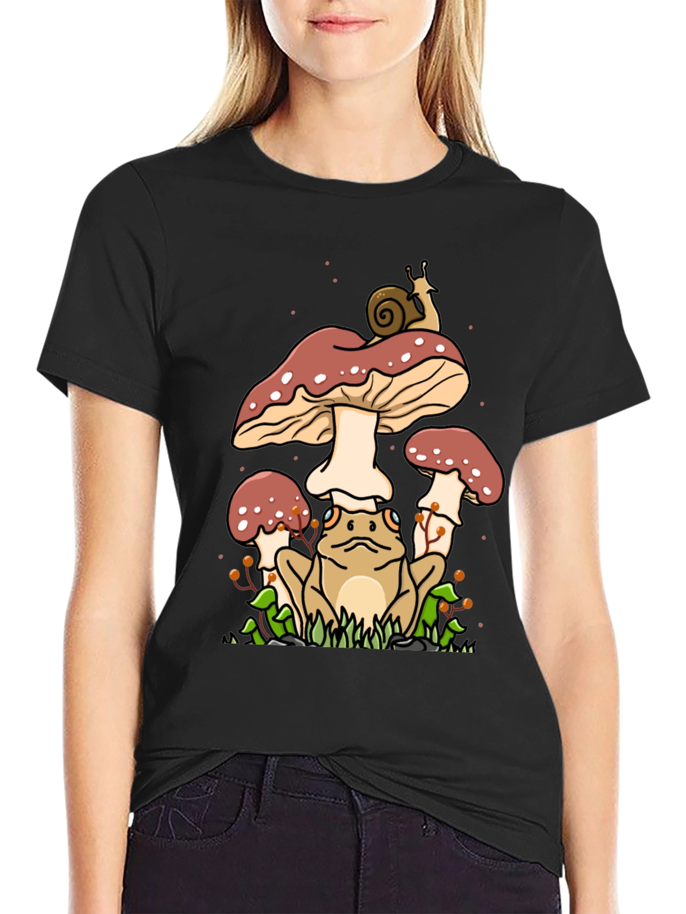 Frog and Mushroom Graphic Tee - Black
