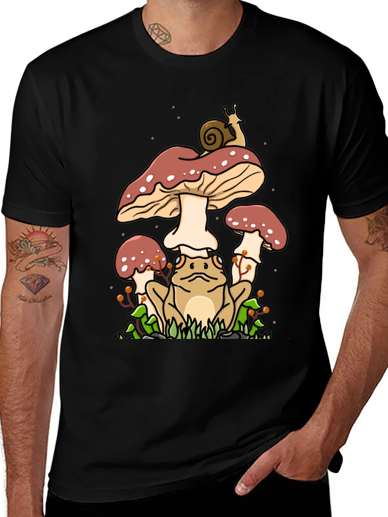 Frog and Mushroom Graphic Tee - Black