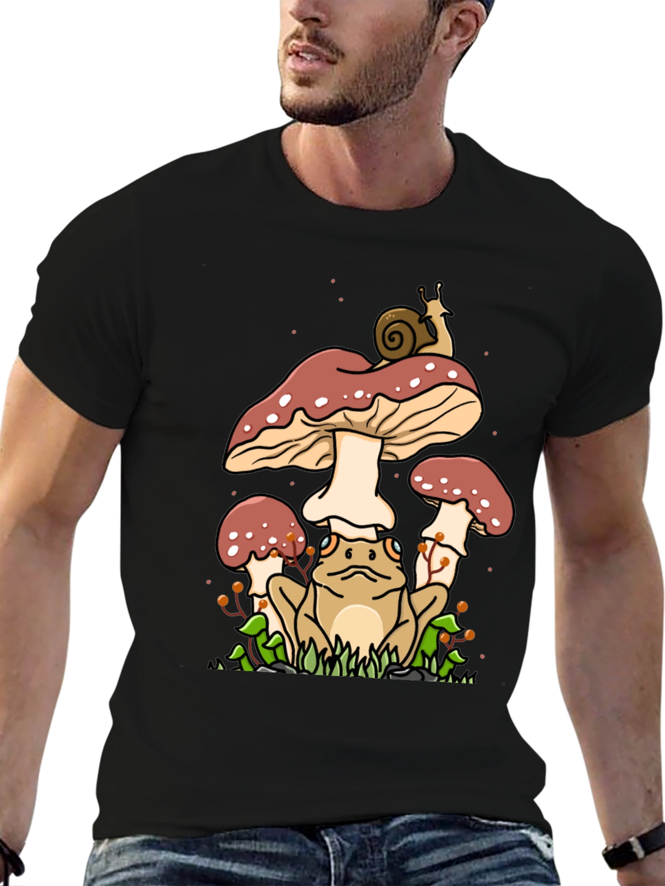Frog and Mushroom Graphic Tee - Black