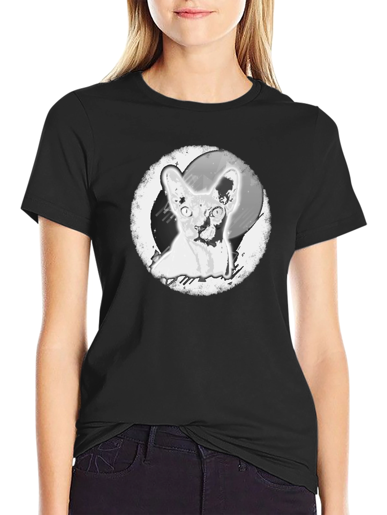 Sphynx Cat Graphic Print Black T-Shirt