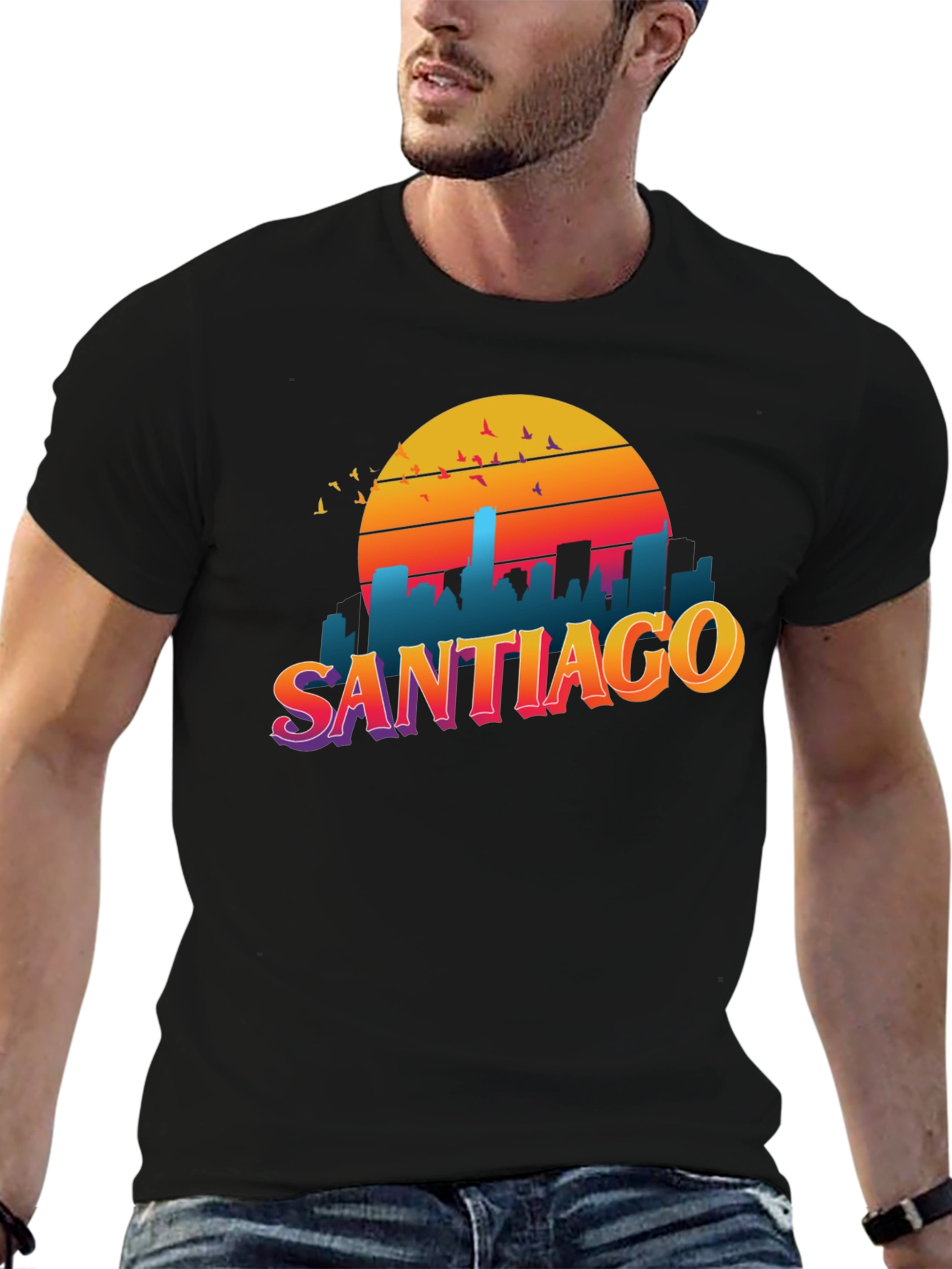 Santiago Sunset Graphic Tee - Retro Style Black T-Shirt