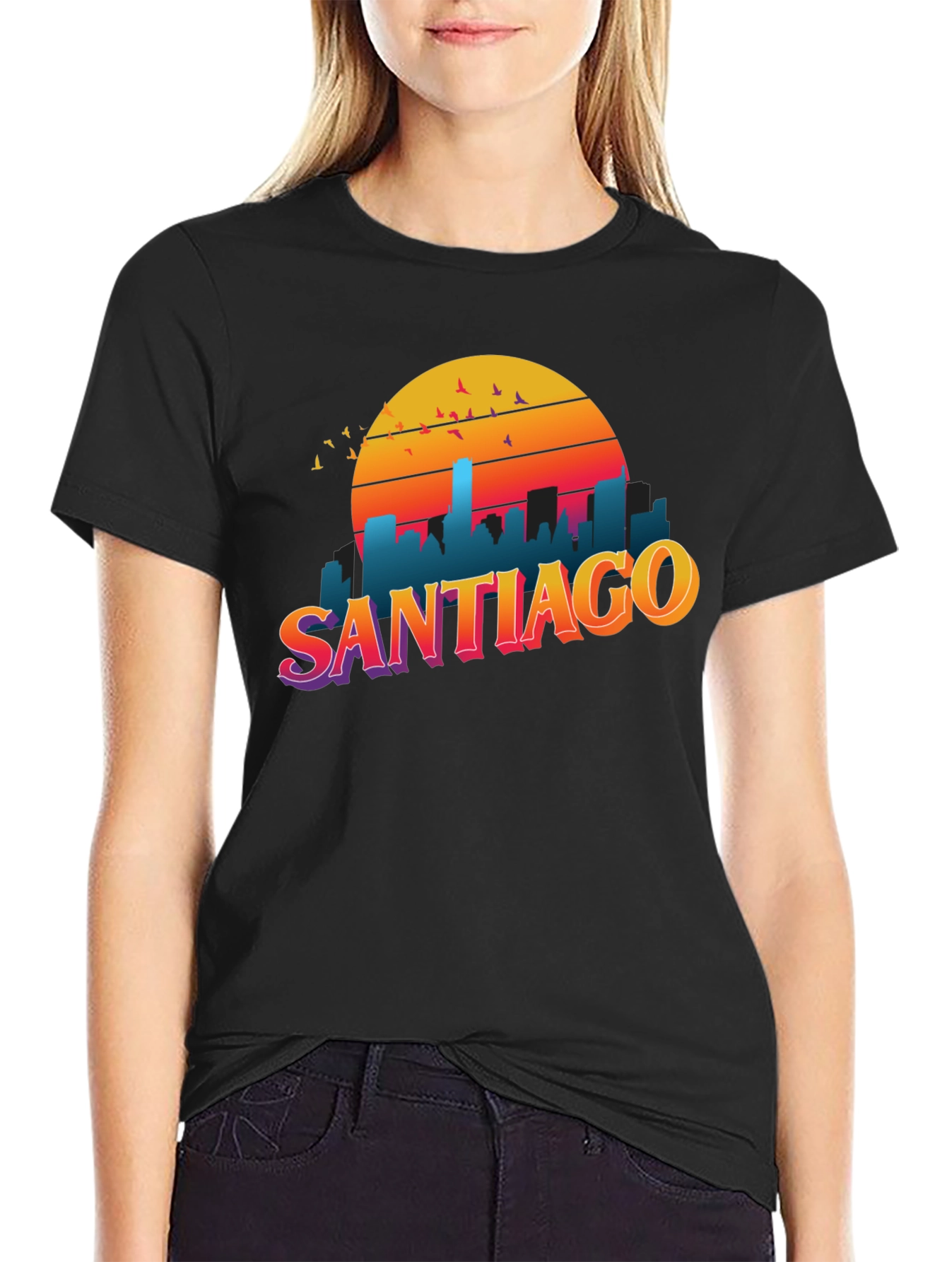 Santiago Sunset Graphic Tee - Retro Style Black T-Shirt