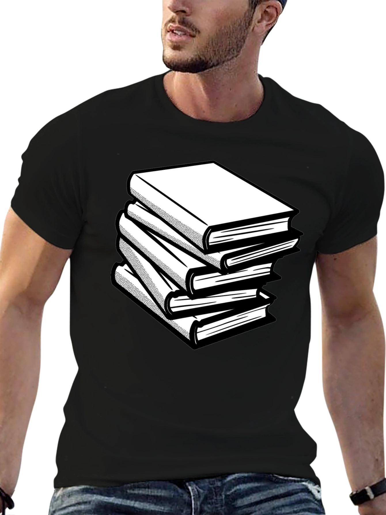 Stacked Books Graphic Tee - Black Cotton Comfort
