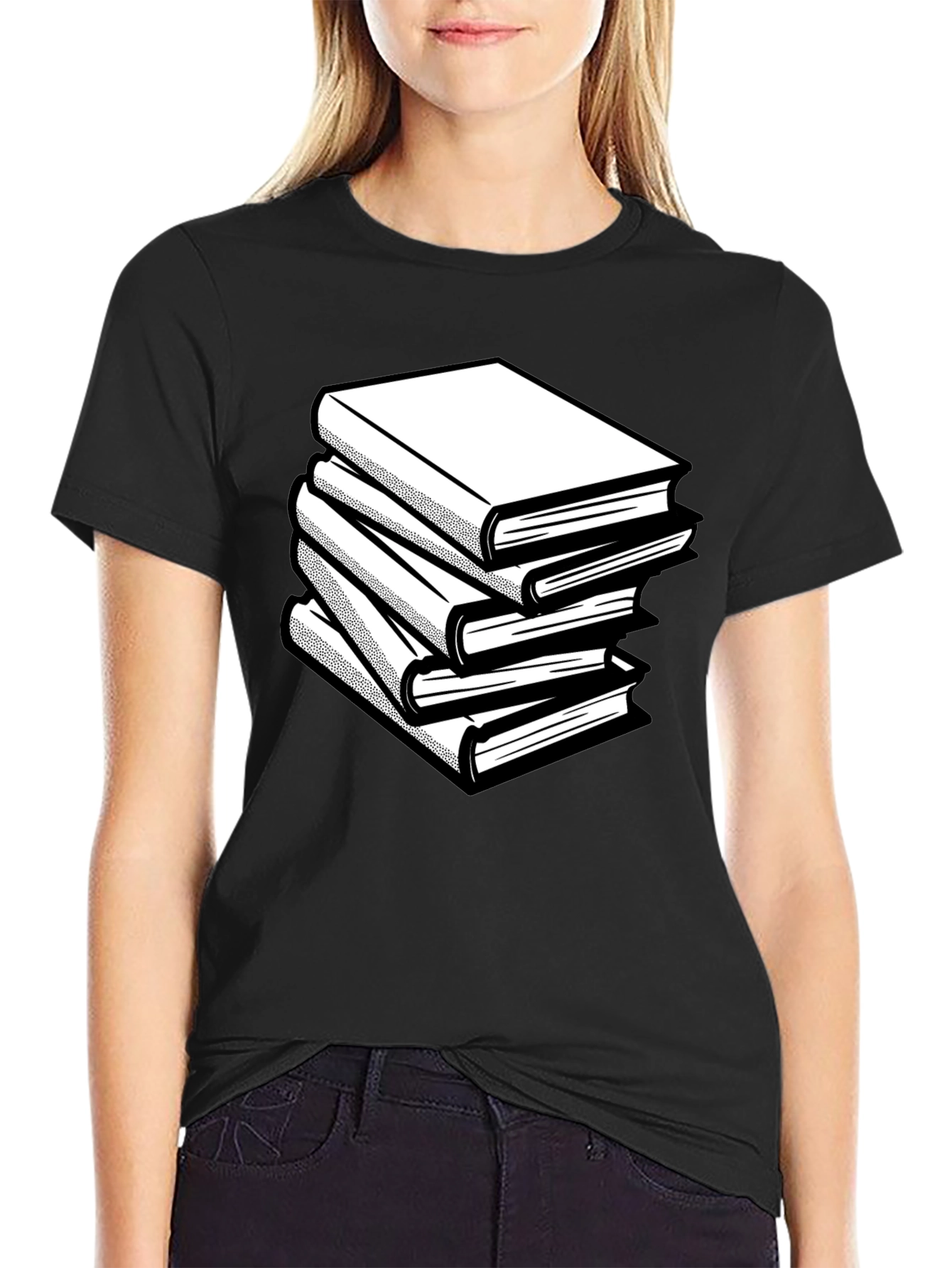 Stacked Books Graphic Tee - Black Cotton Comfort