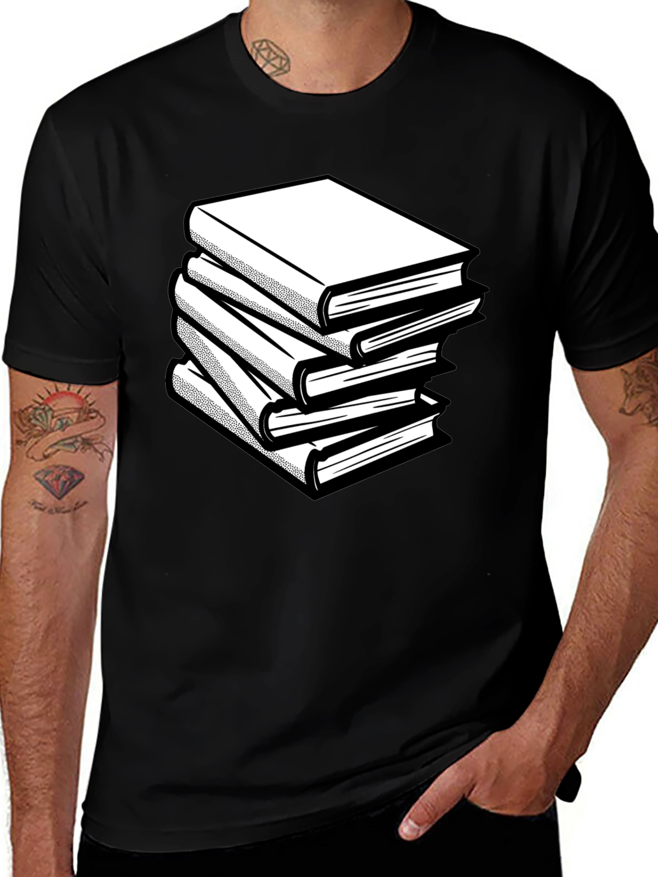 Stacked Books Graphic Tee - Black Cotton Comfort