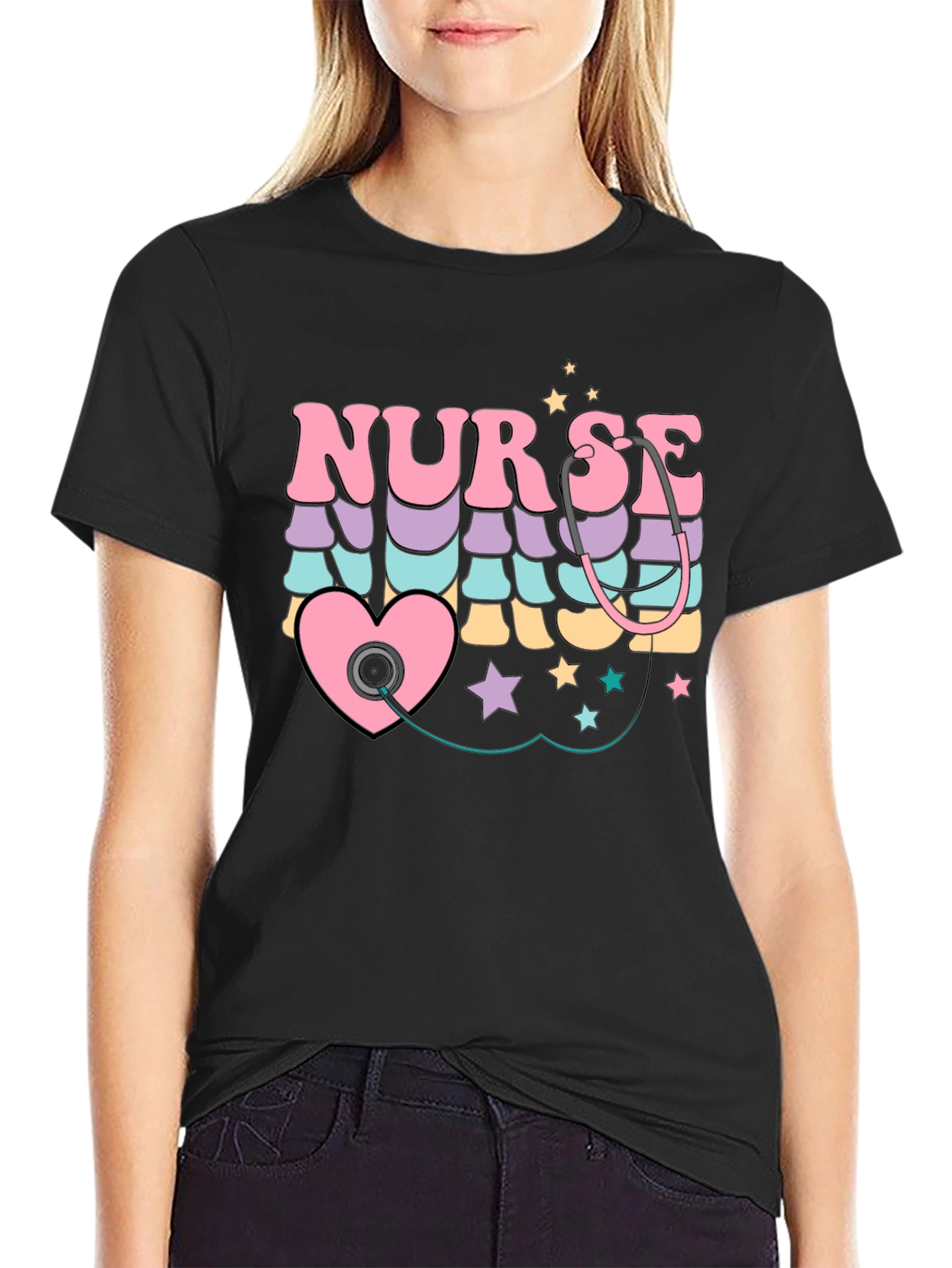 Retro Nurse T-Shirt with Stethoscope Heart Design