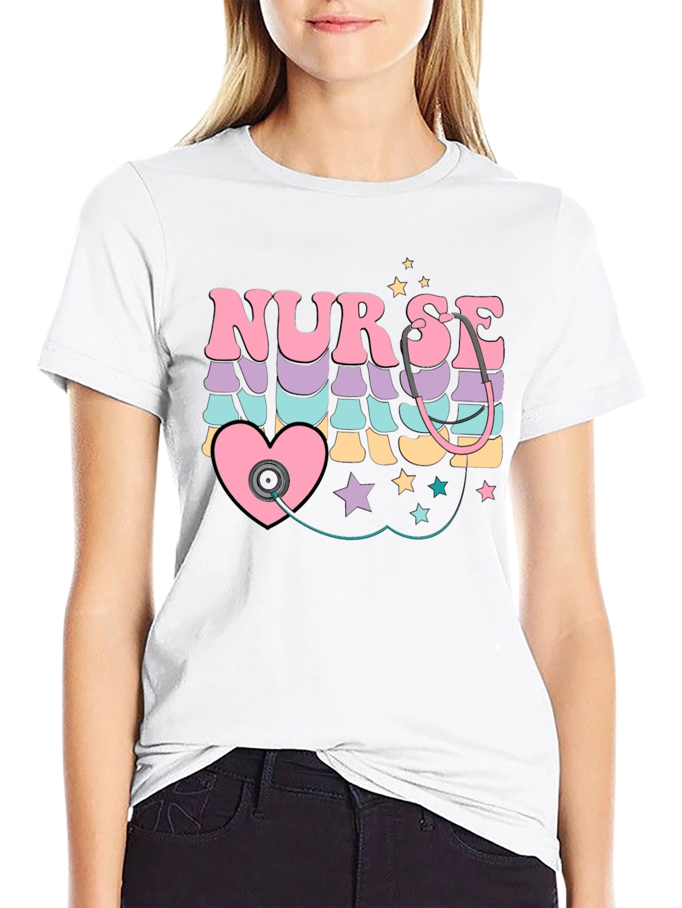 Retro Nurse T-Shirt with Stethoscope Heart Design