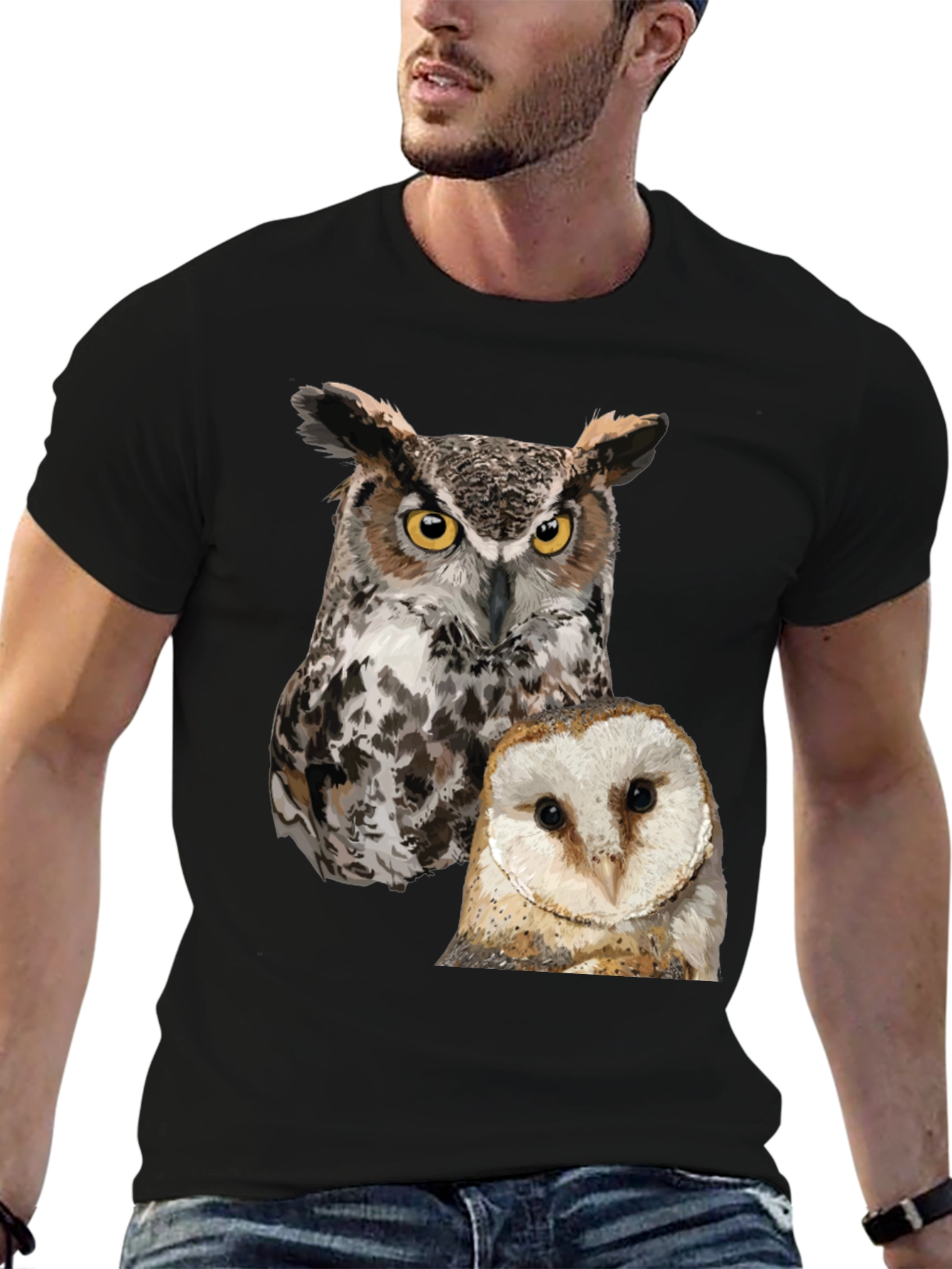 Owl Print Mens Black T-Shirt