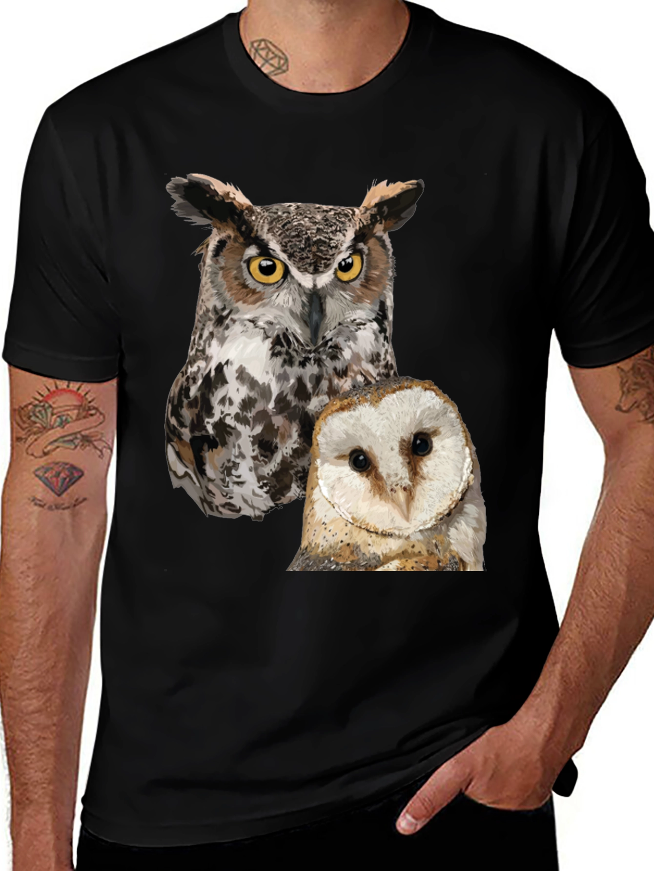 Owl Print Mens Black T-Shirt