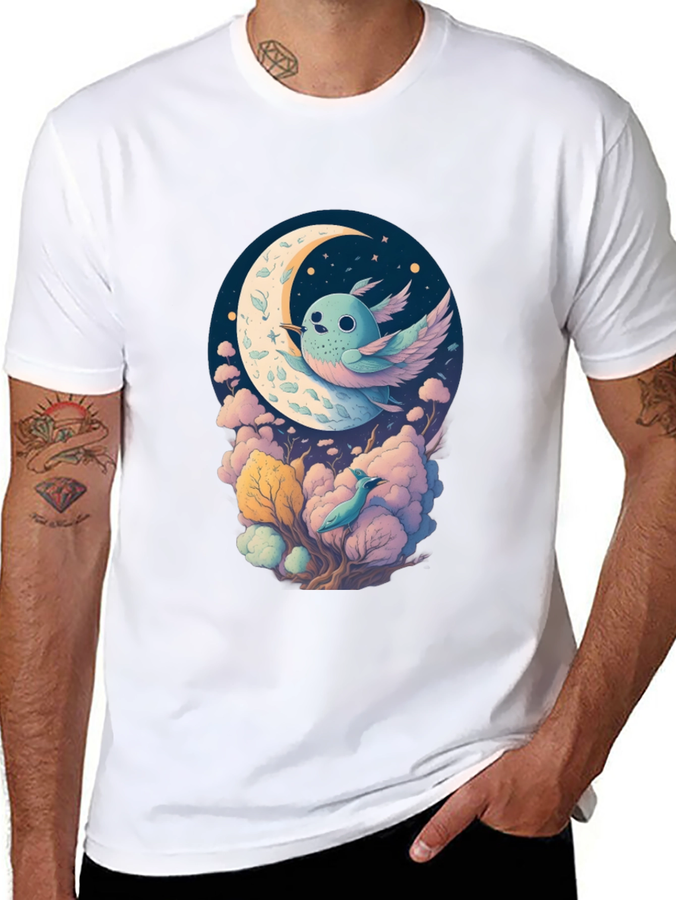 Whimsical Moon Bird Graphic Tee