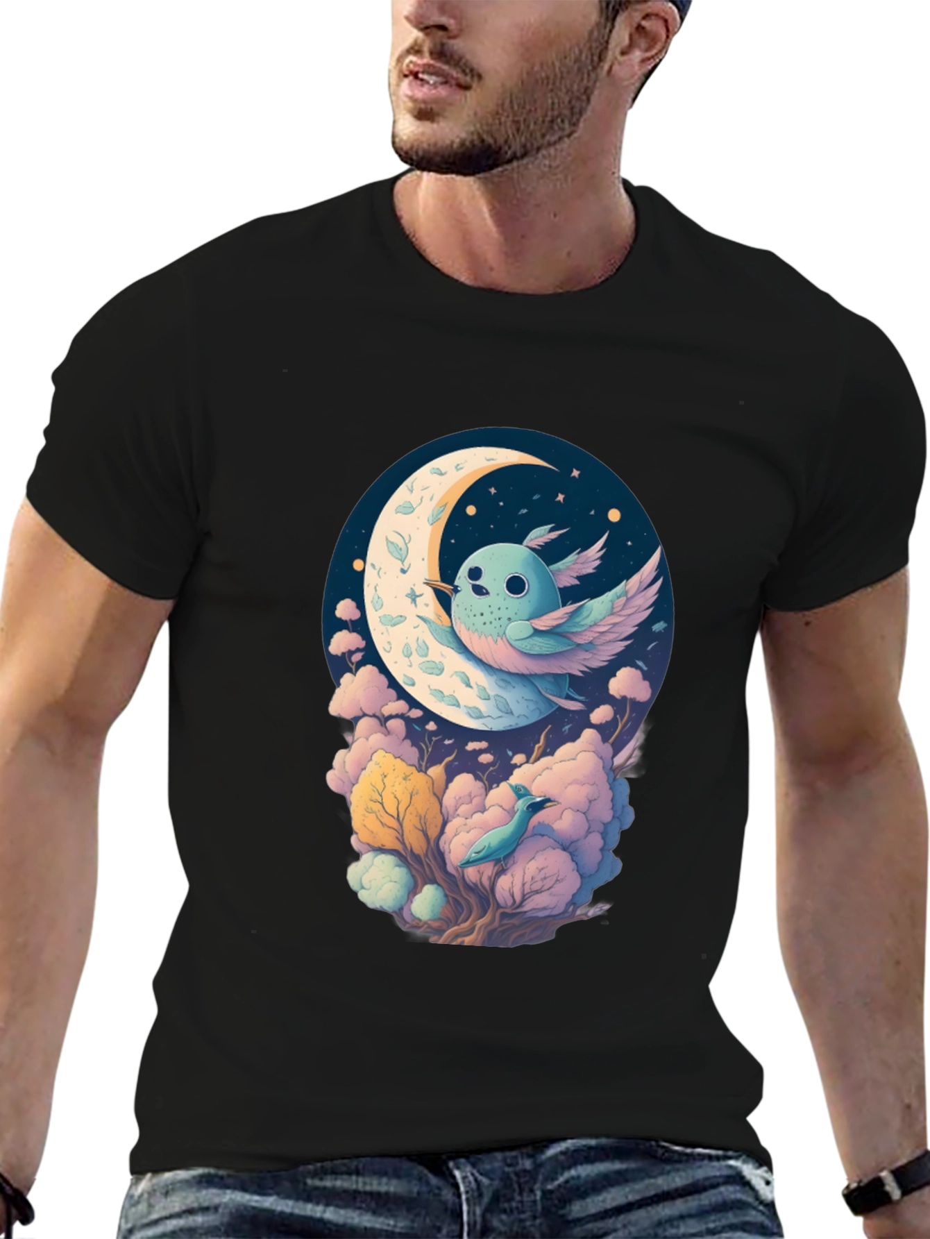 Whimsical Moon Bird Graphic Tee