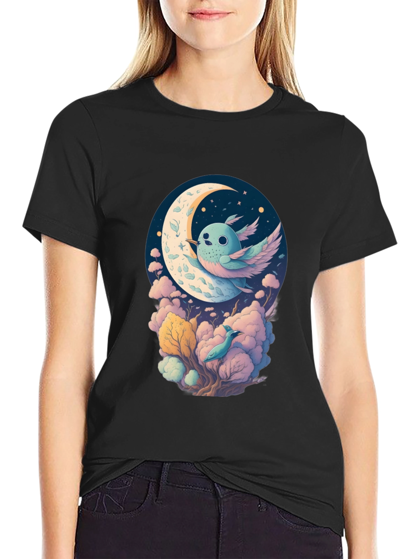 Whimsical Moon Bird Graphic Tee