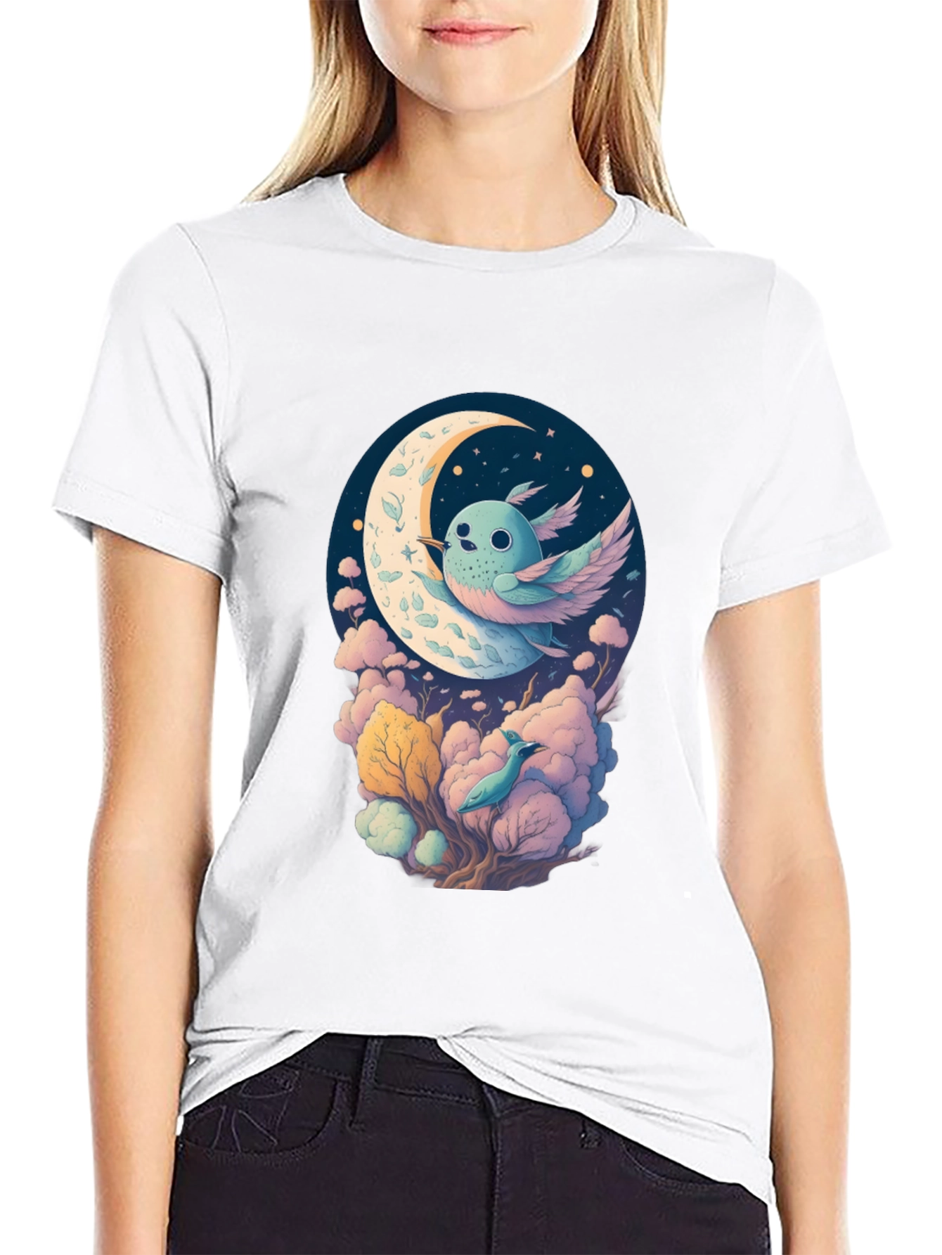 Whimsical Moon Bird Graphic Tee