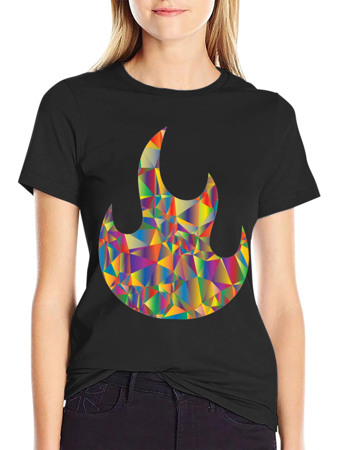 Mens Black T-Shirt with Geometric Flame Graphic