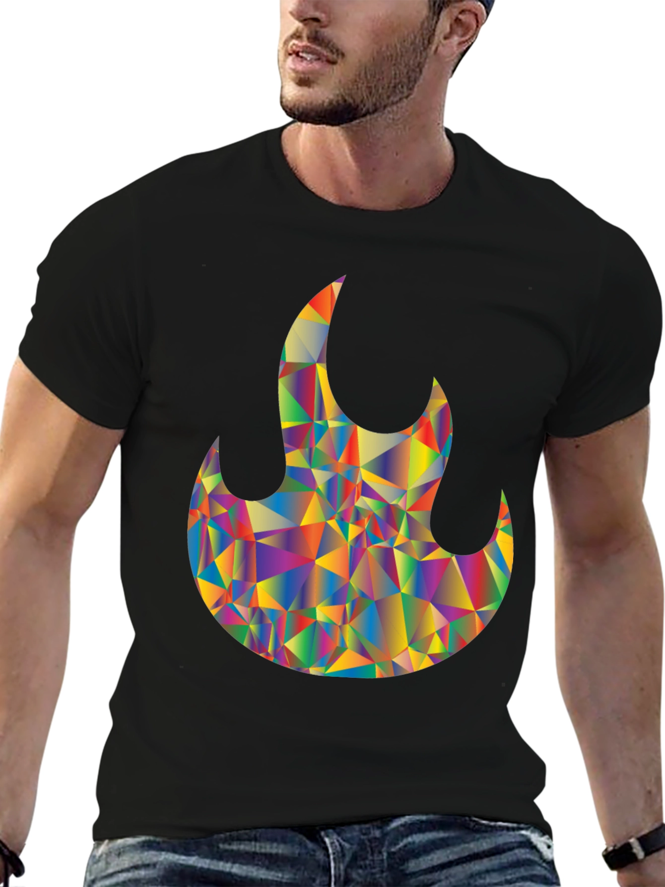 Mens Black T-Shirt with Geometric Flame Graphic