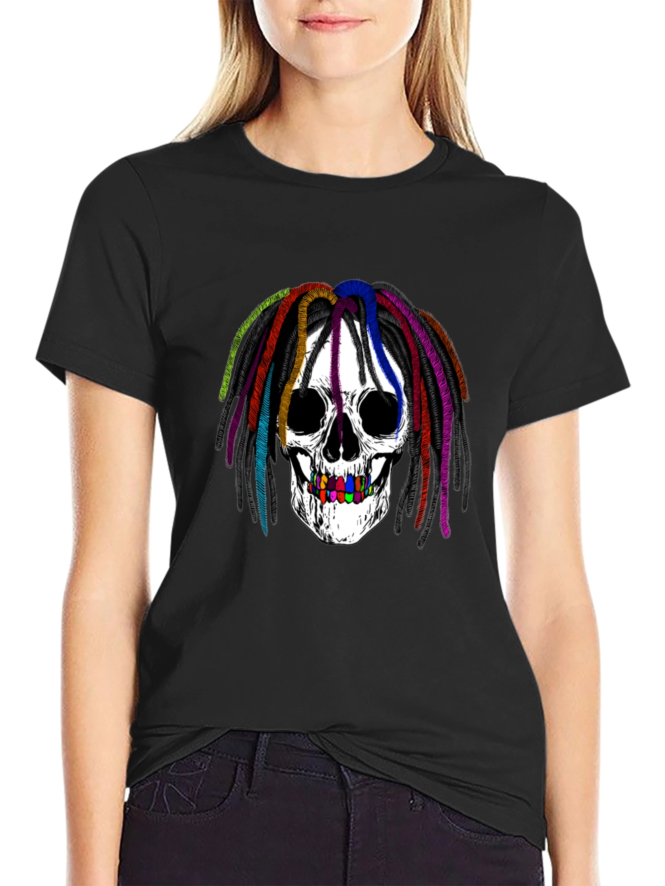 Rainbow Dread Skull Graphic Tee - Black Cotton Shirt