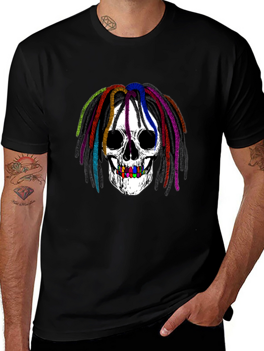 Rainbow Dread Skull Graphic Tee - Black Cotton Shirt