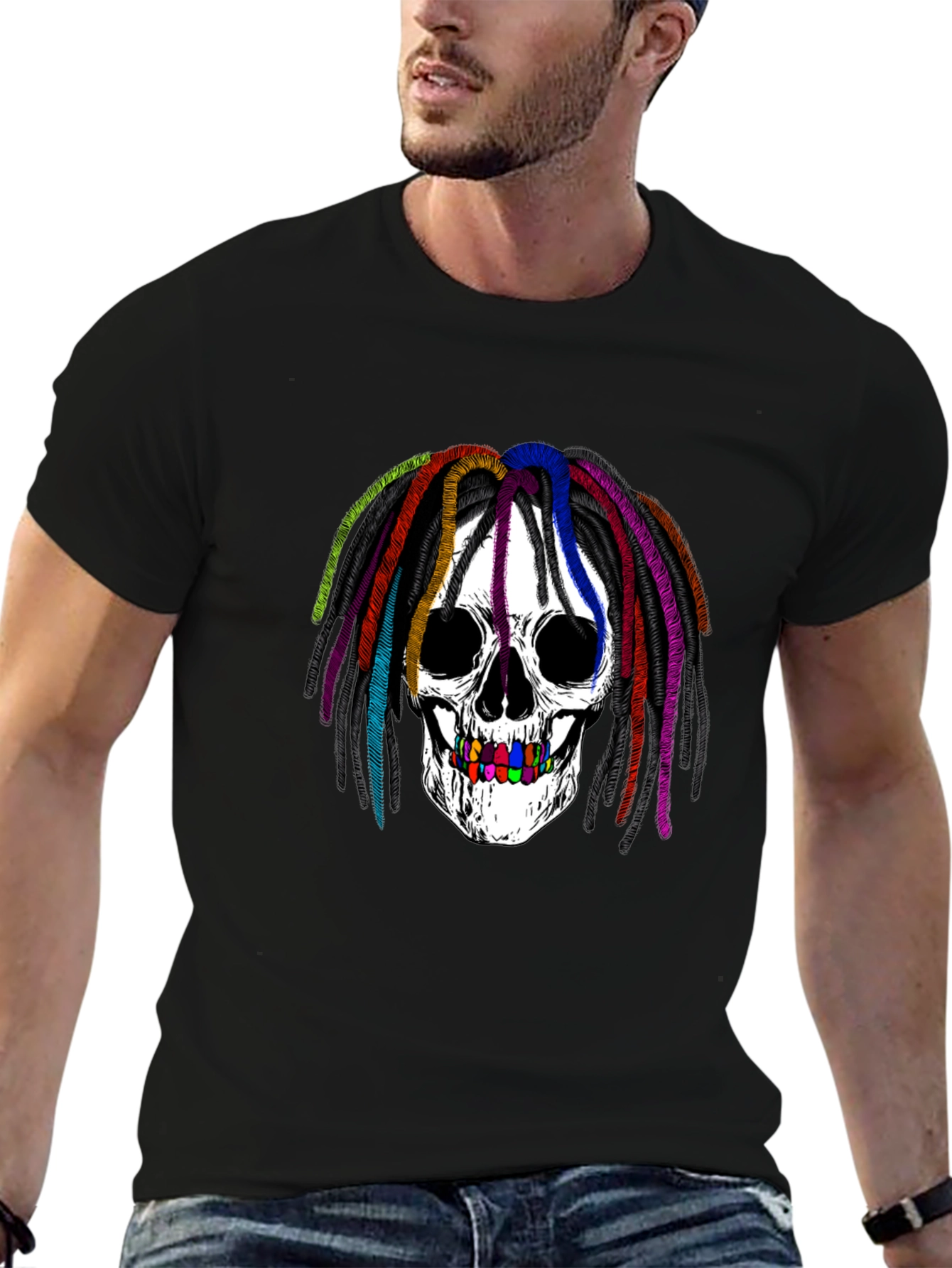 Rainbow Dread Skull Graphic Tee - Black Cotton Shirt