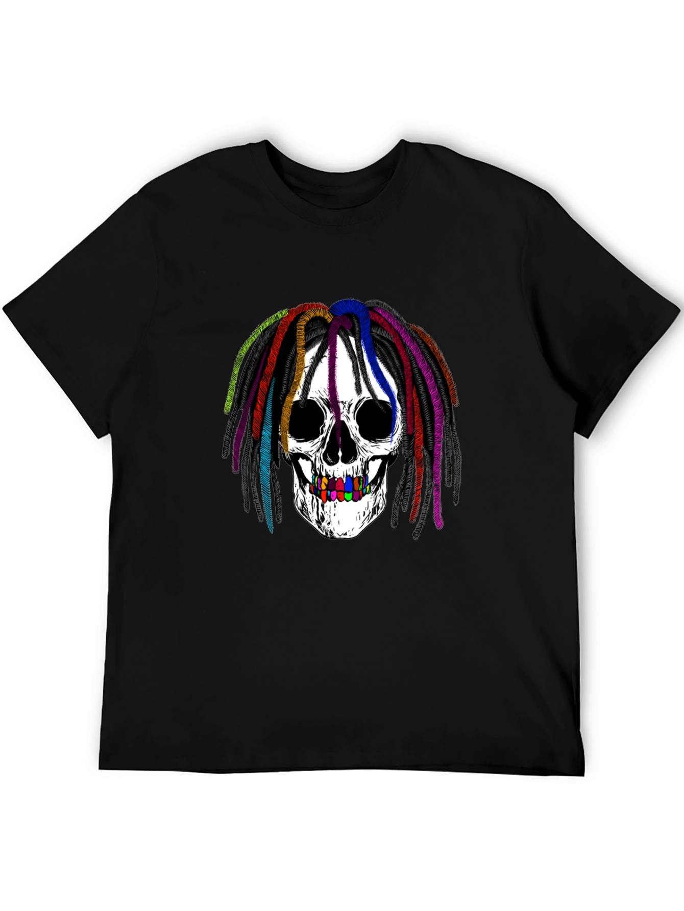 Rainbow Dread Skull Graphic Tee - Black Cotton Shirt