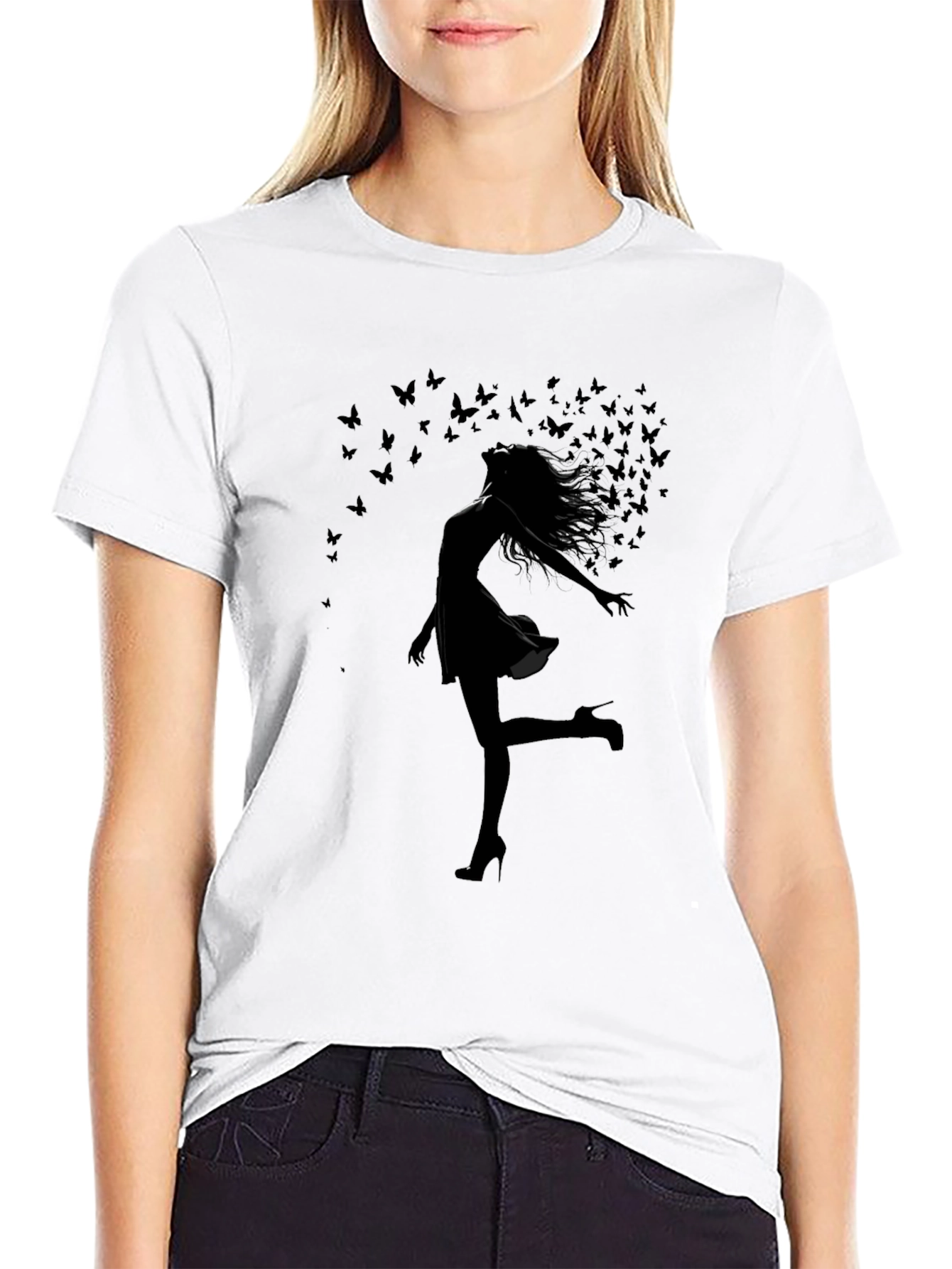 Silhouette Butterfly Woman Black T-Shirt