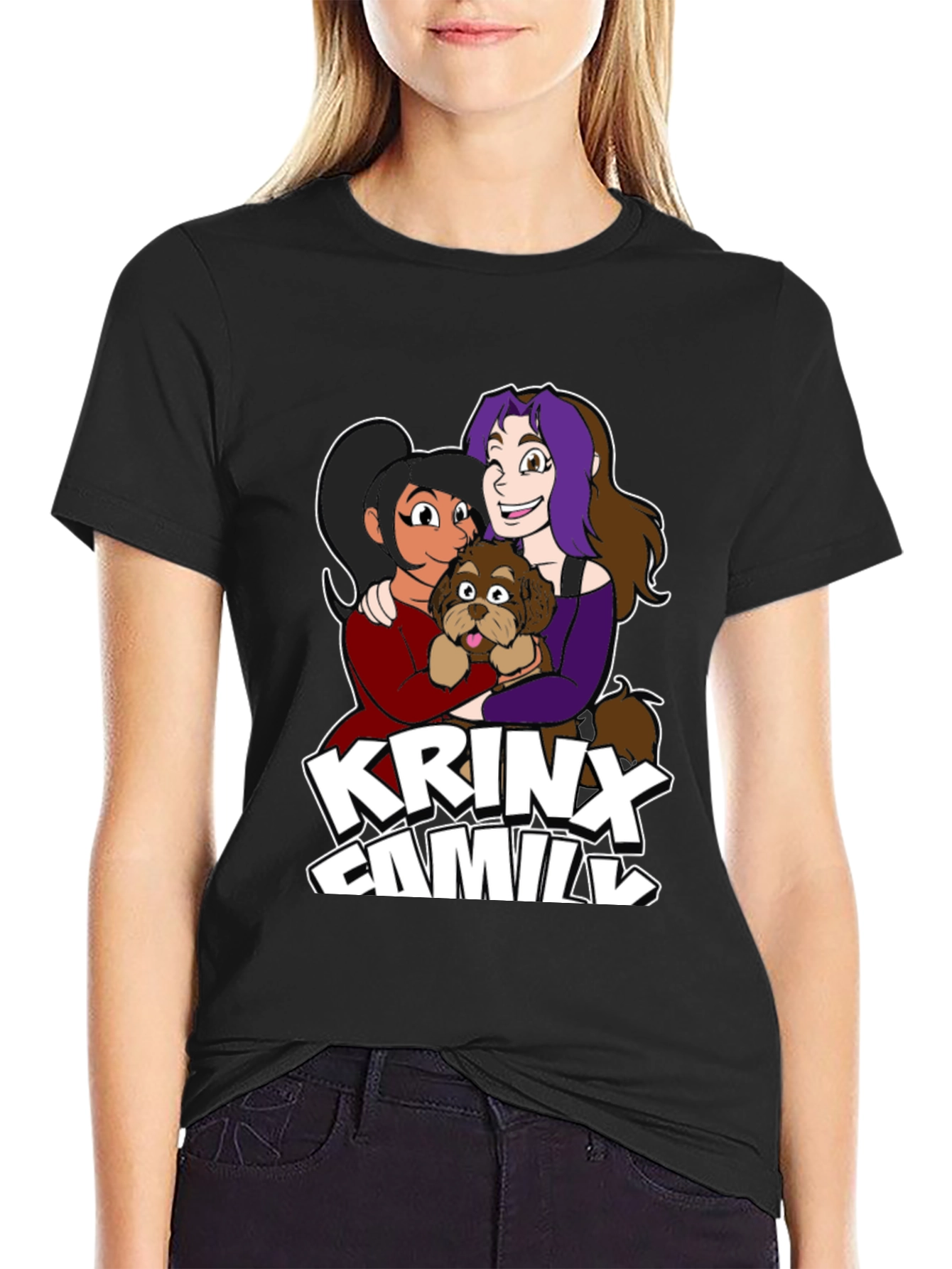 Krinx Family Cartoon Graphic Black T-Shirt