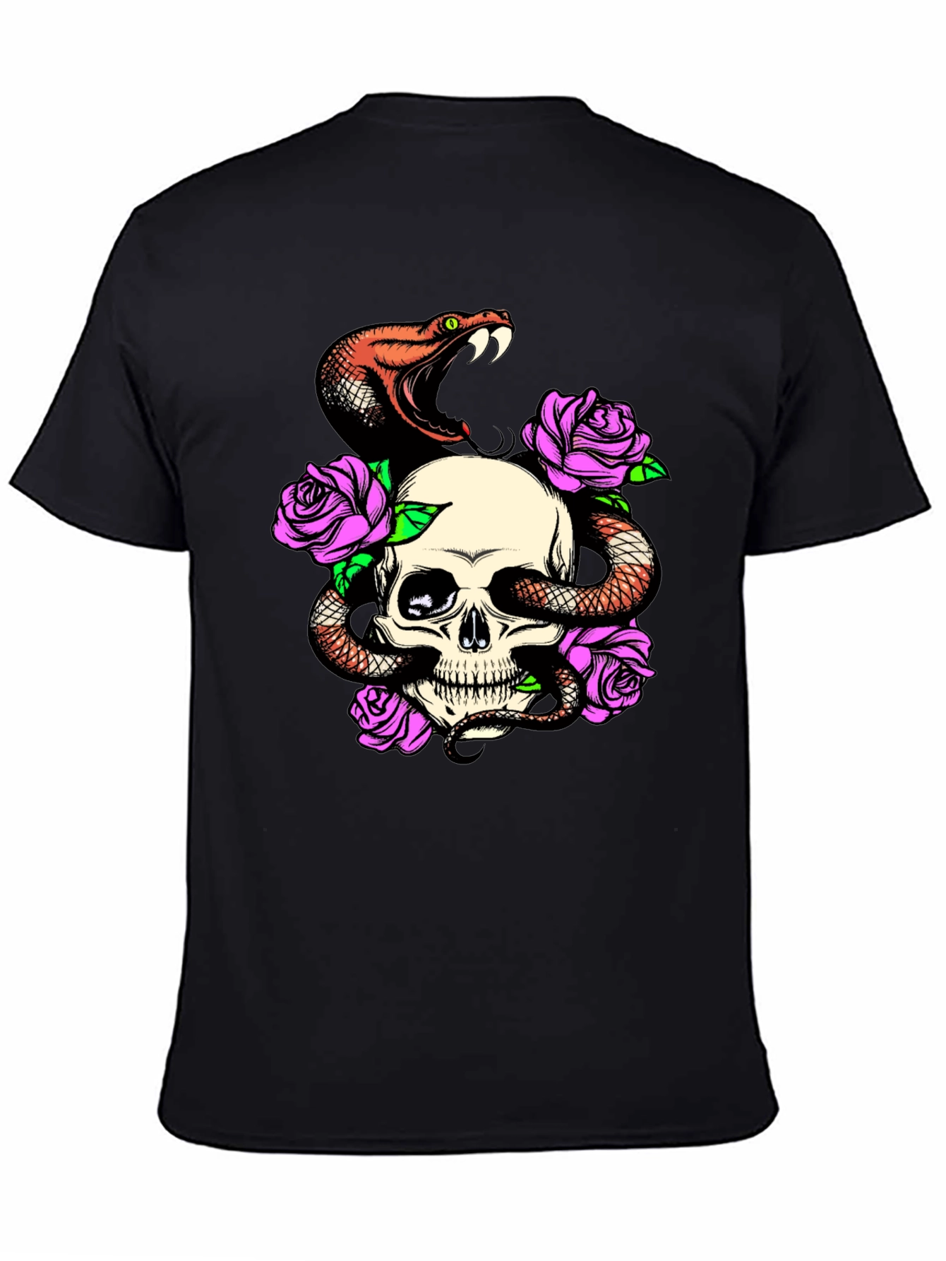 Skull Snake Rose Graphic Black T-Shirt