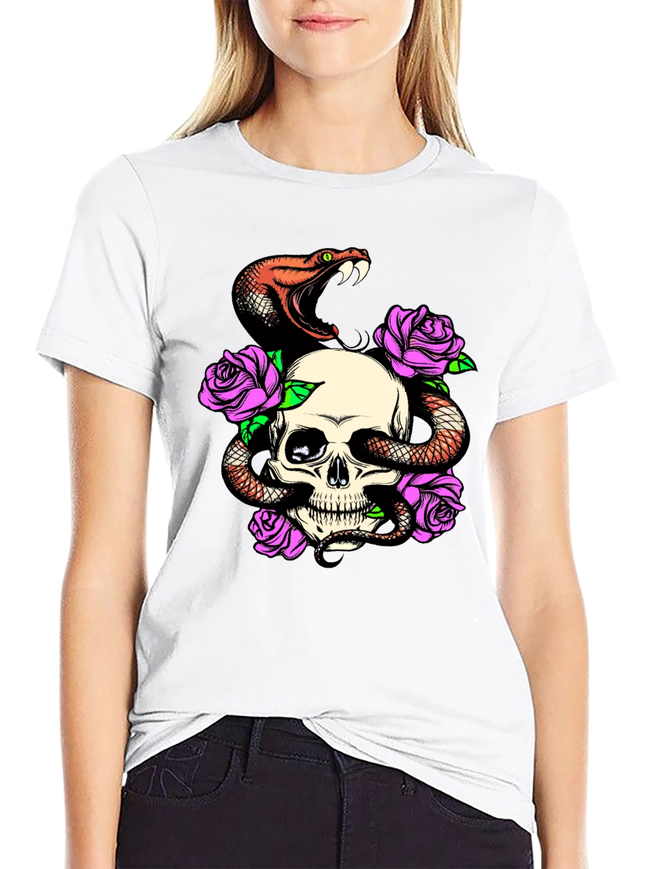 Skull Snake Rose Graphic Black T-Shirt