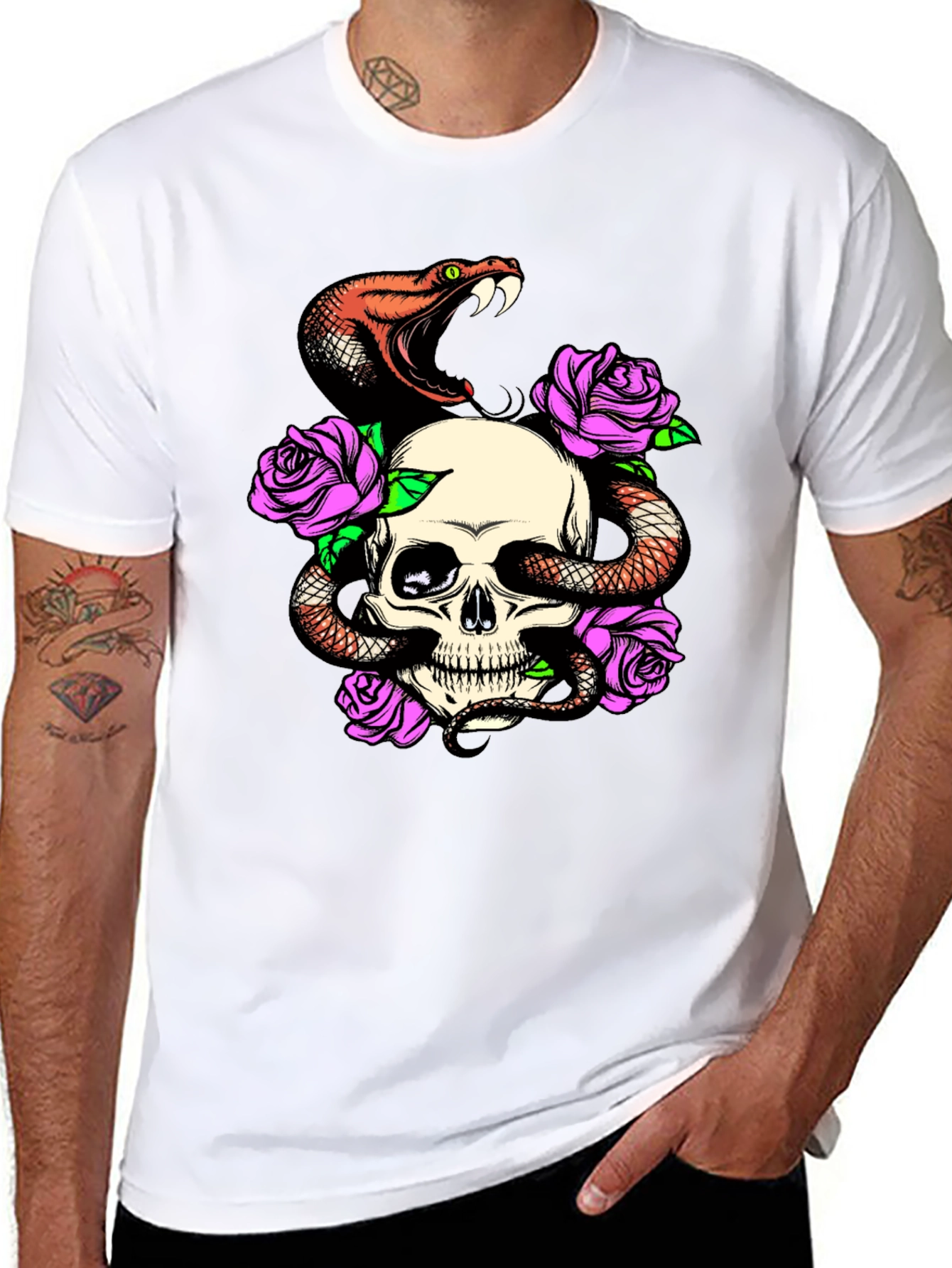 Skull Snake Rose Graphic Black T-Shirt