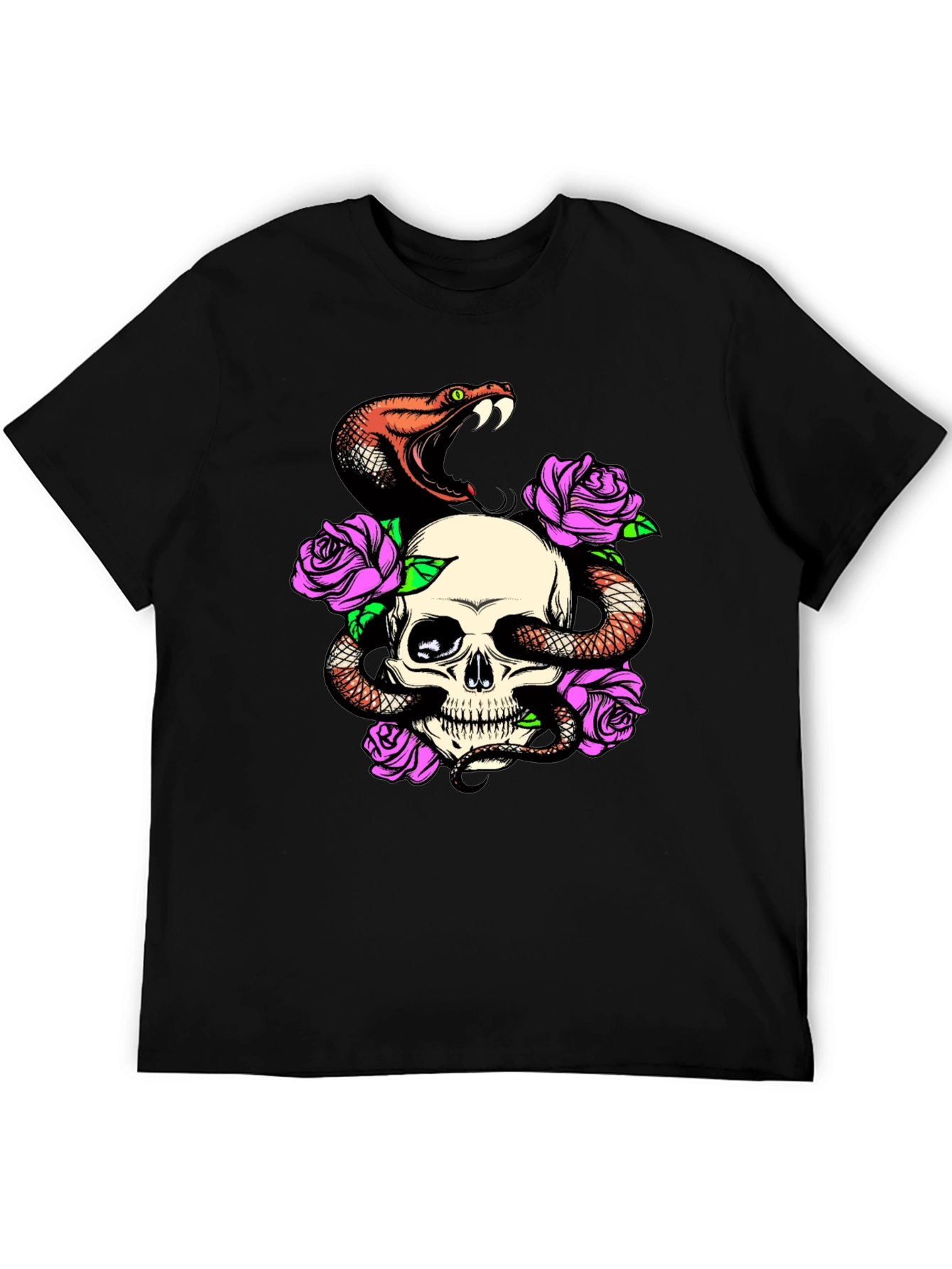 Skull Snake Rose Graphic Black T-Shirt
