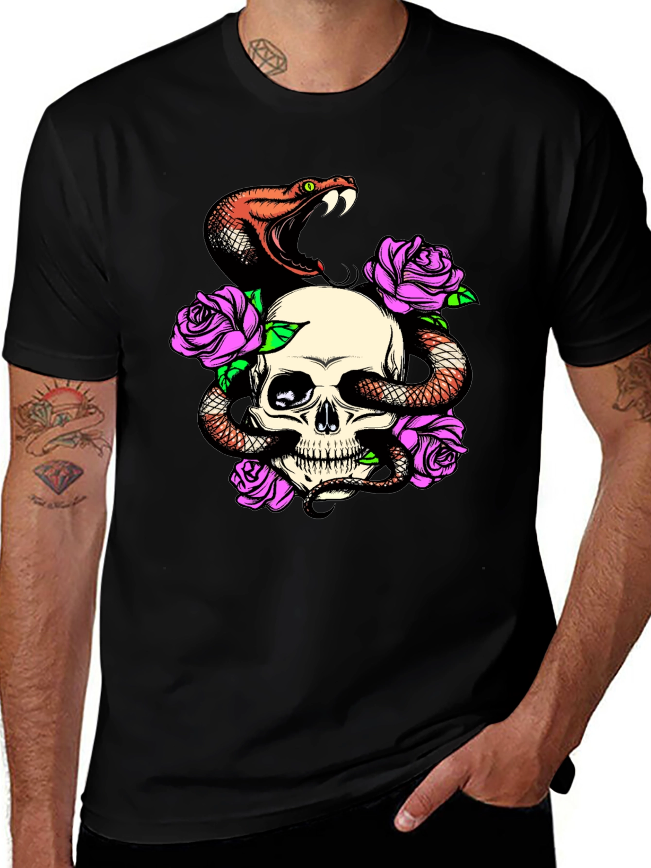 Skull Snake Rose Graphic Black T-Shirt