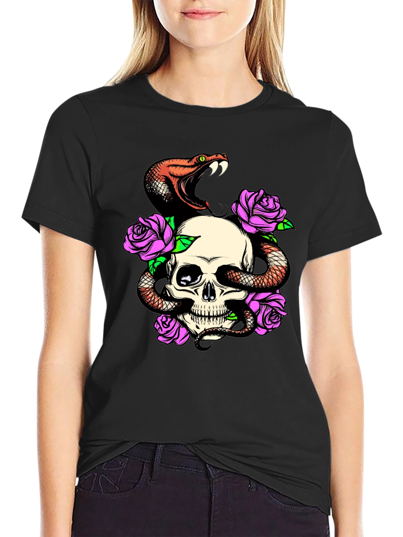 Skull Snake Rose Graphic Black T-Shirt
