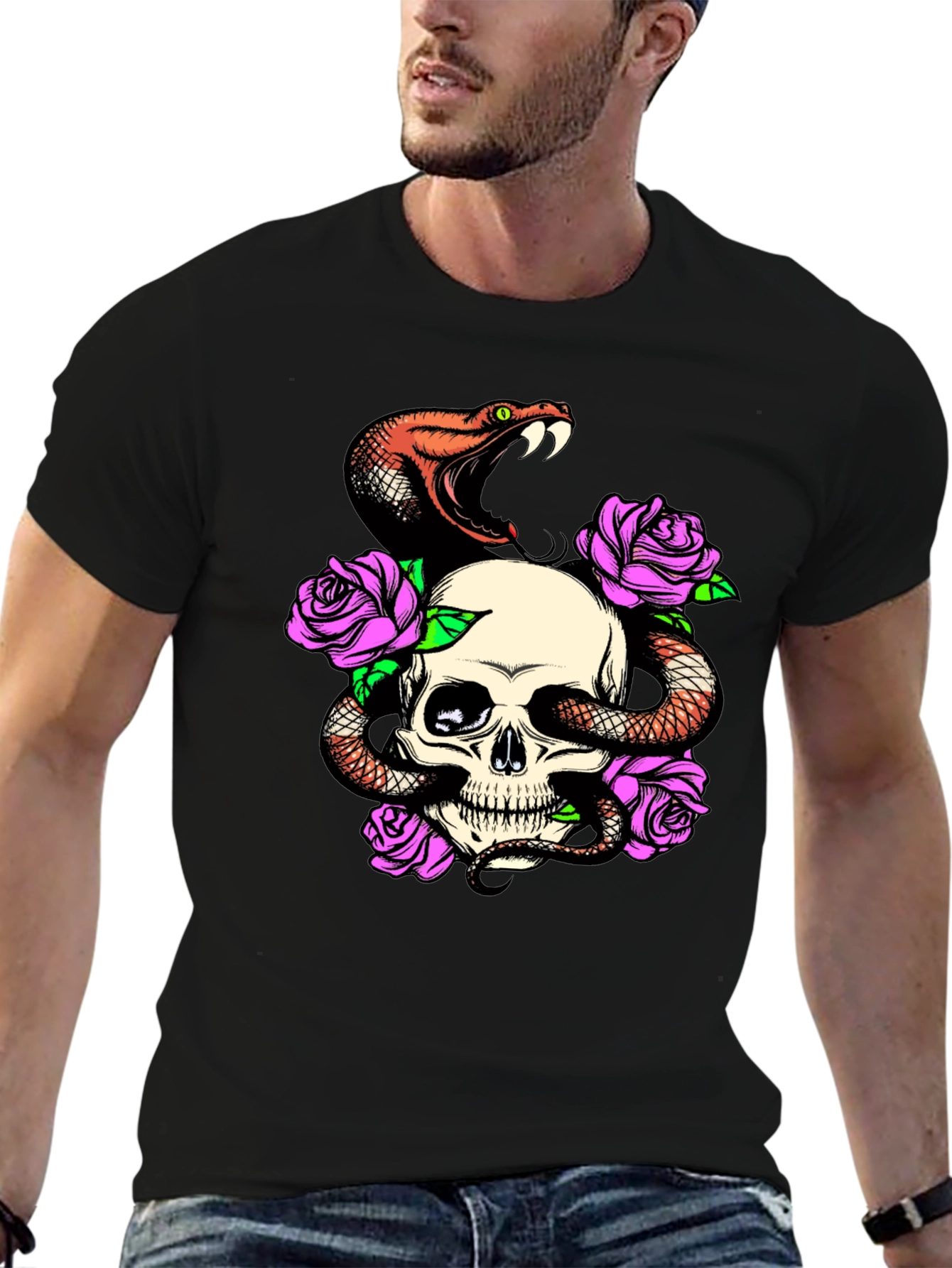 Skull Snake Rose Graphic Black T-Shirt