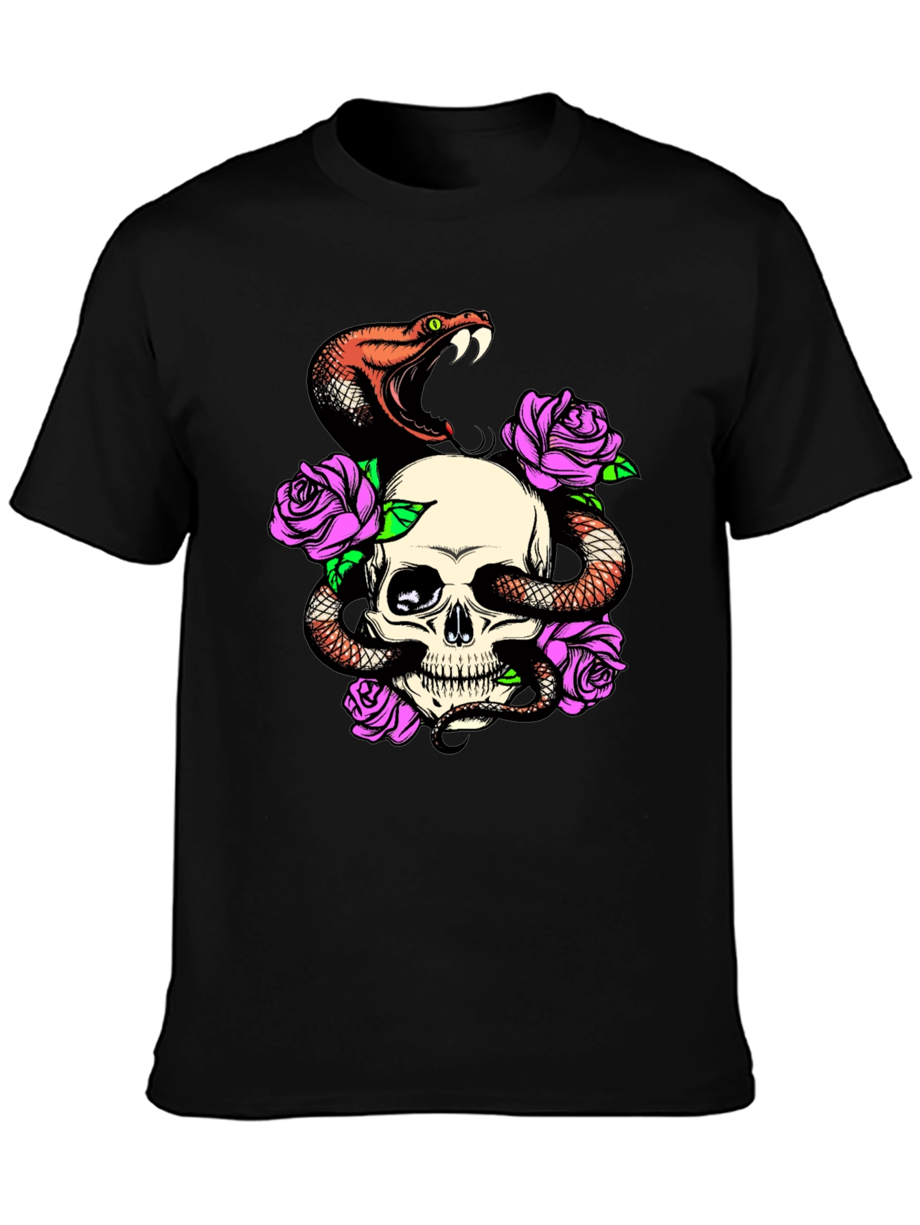 Skull Snake Rose Graphic Black T-Shirt