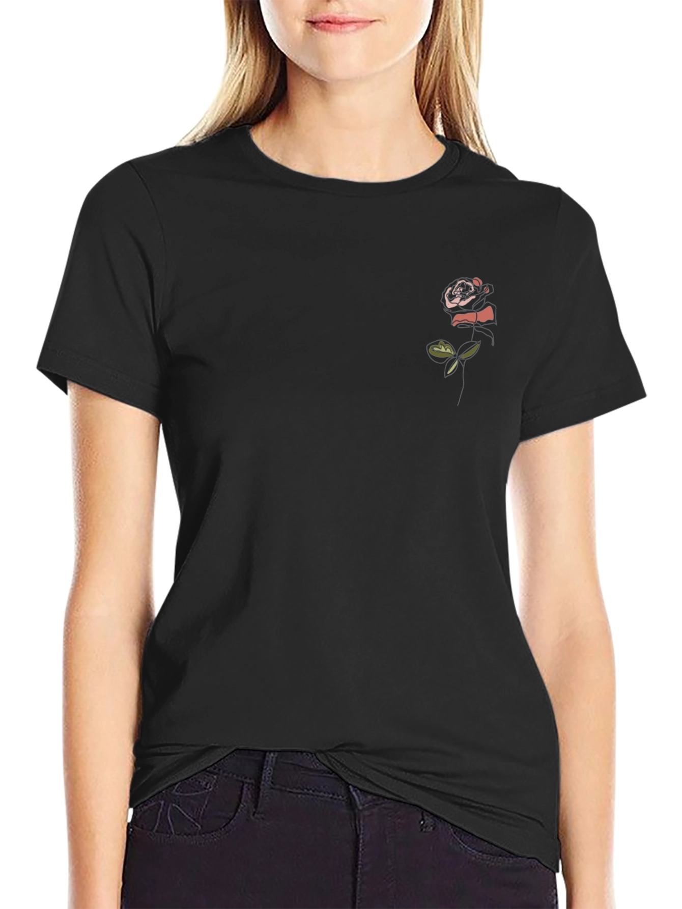 Black T-Shirt with Rose Graphic