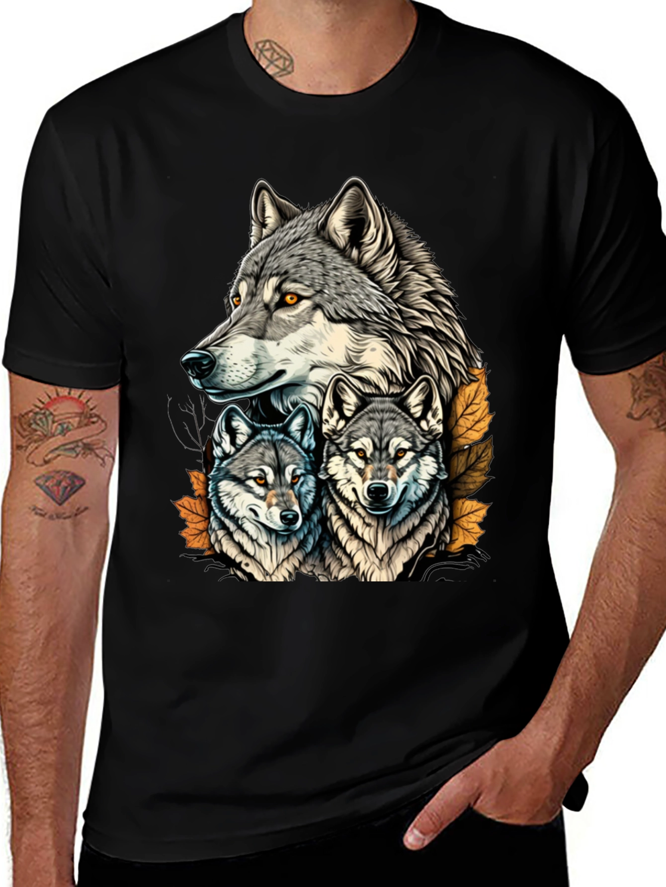 Wolf Pack Graphic Tee - Black Cotton T-Shirt
