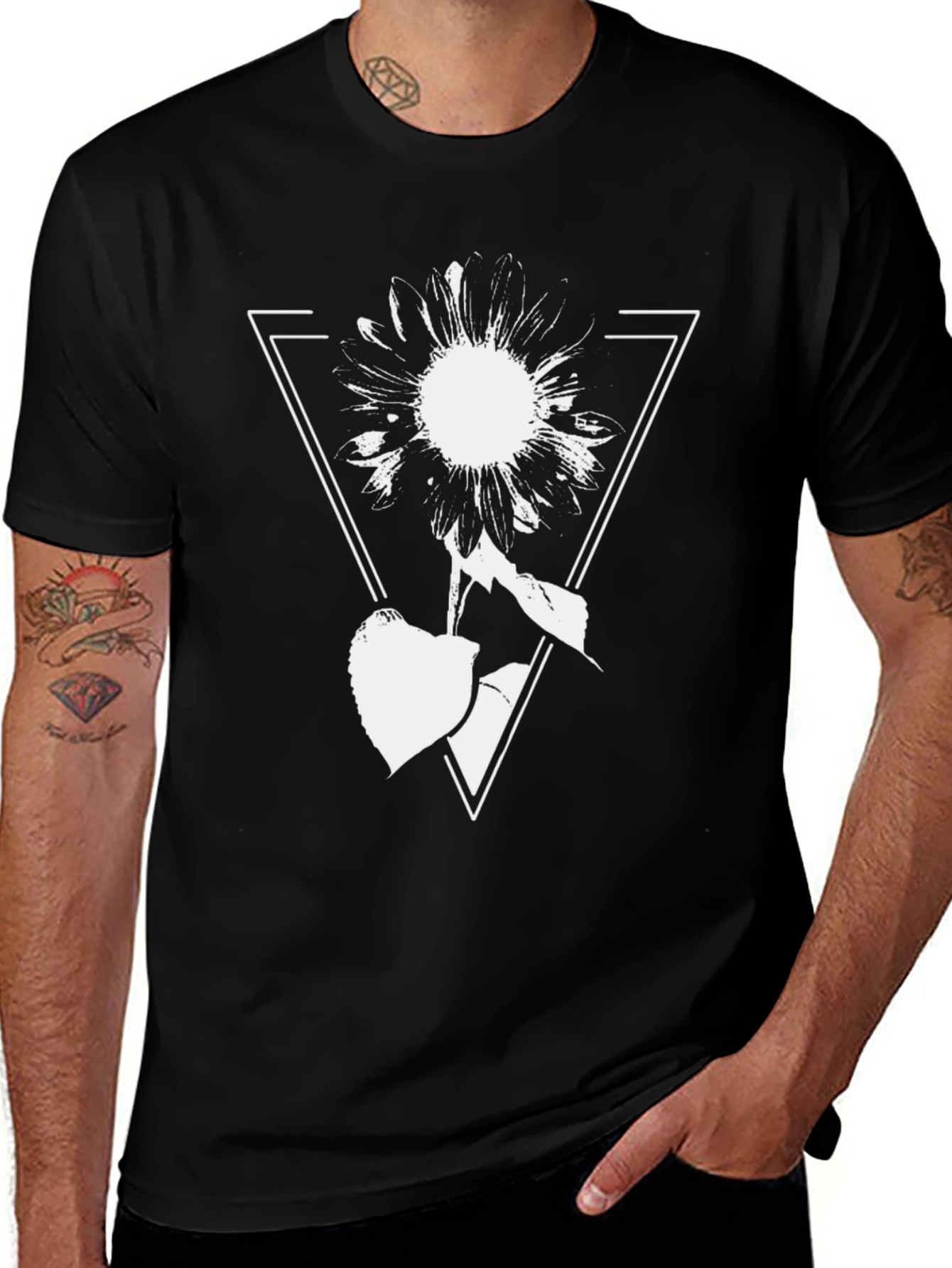 Geometric Floral Graphic Tee - Black Cotton Blend