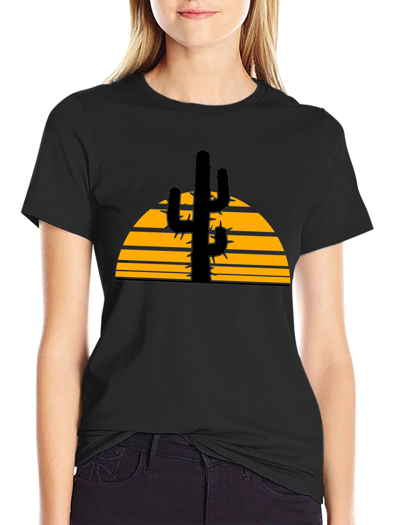 Cactus Sunset Graphic Tee - Black Cotton T-Shirt
