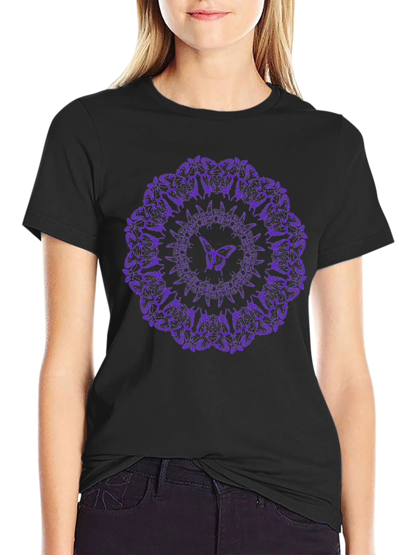 Purple Butterfly Mandala Black T-Shirt