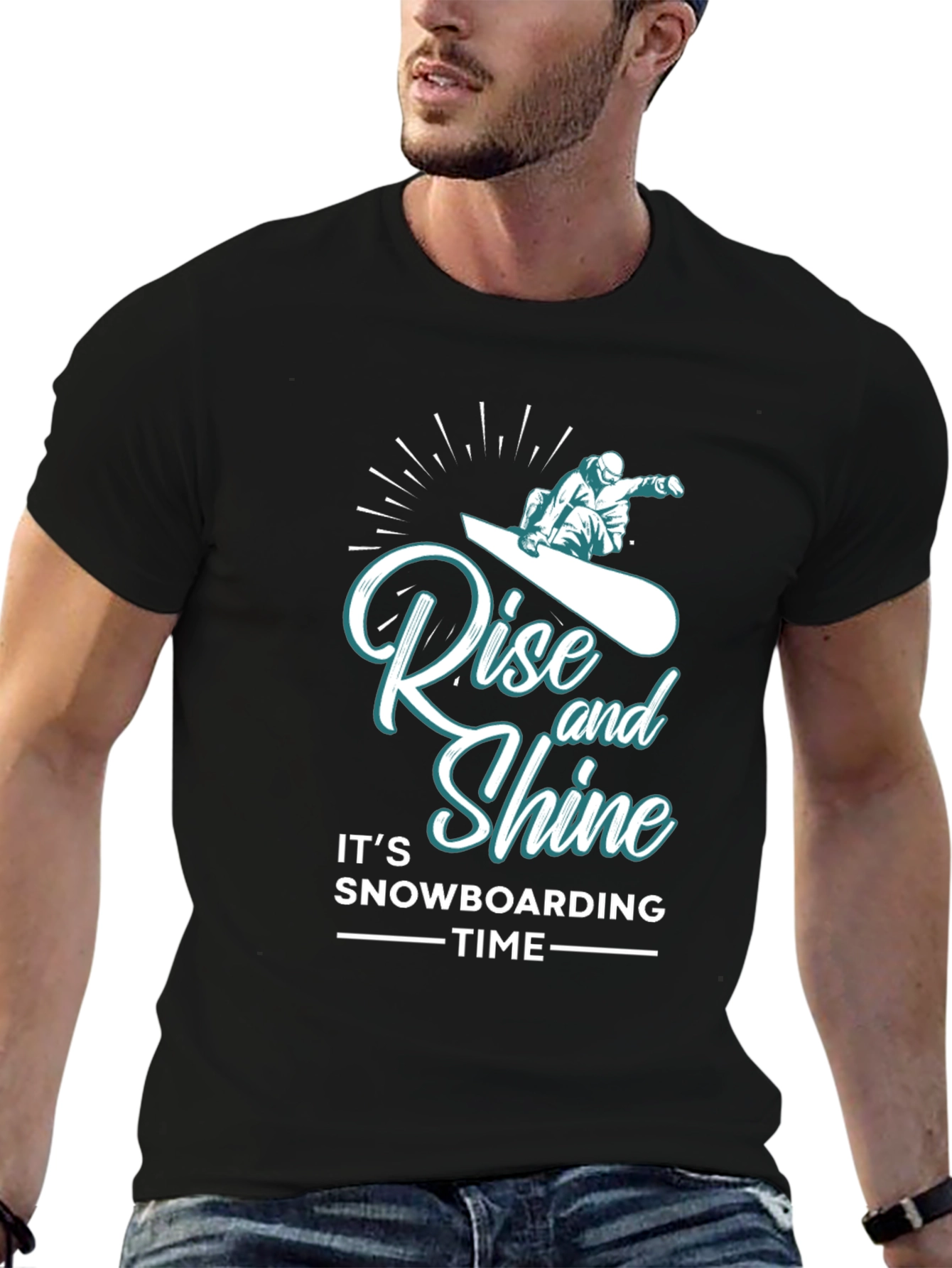 Rise and Shine Snowboarding Time Black T-Shirt