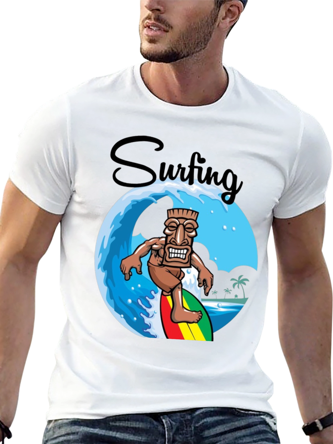 Surfing Tiki Graphic T-Shirt - Tropical Summer Style