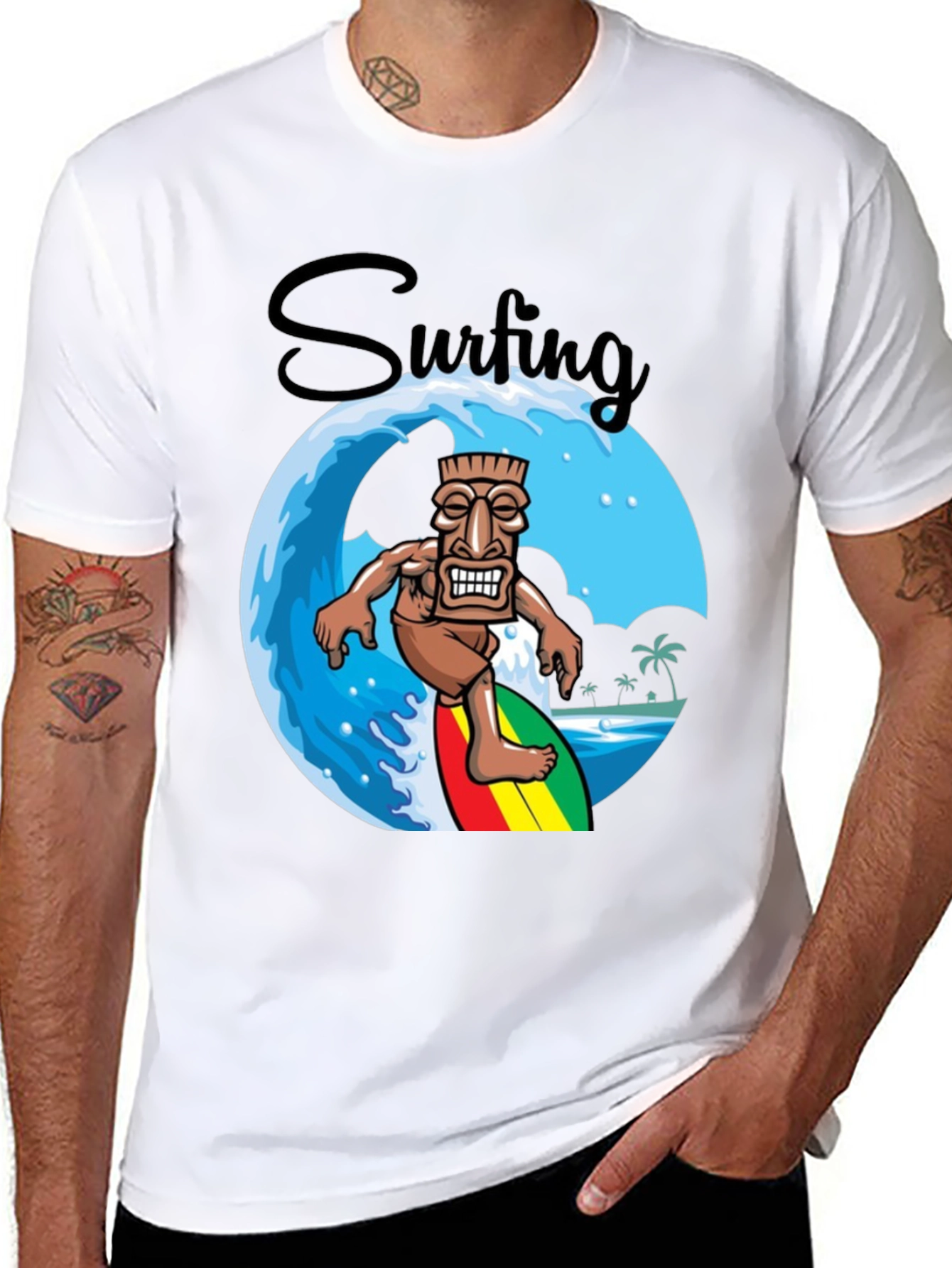 Surfing Tiki Graphic T-Shirt - Tropical Summer Style
