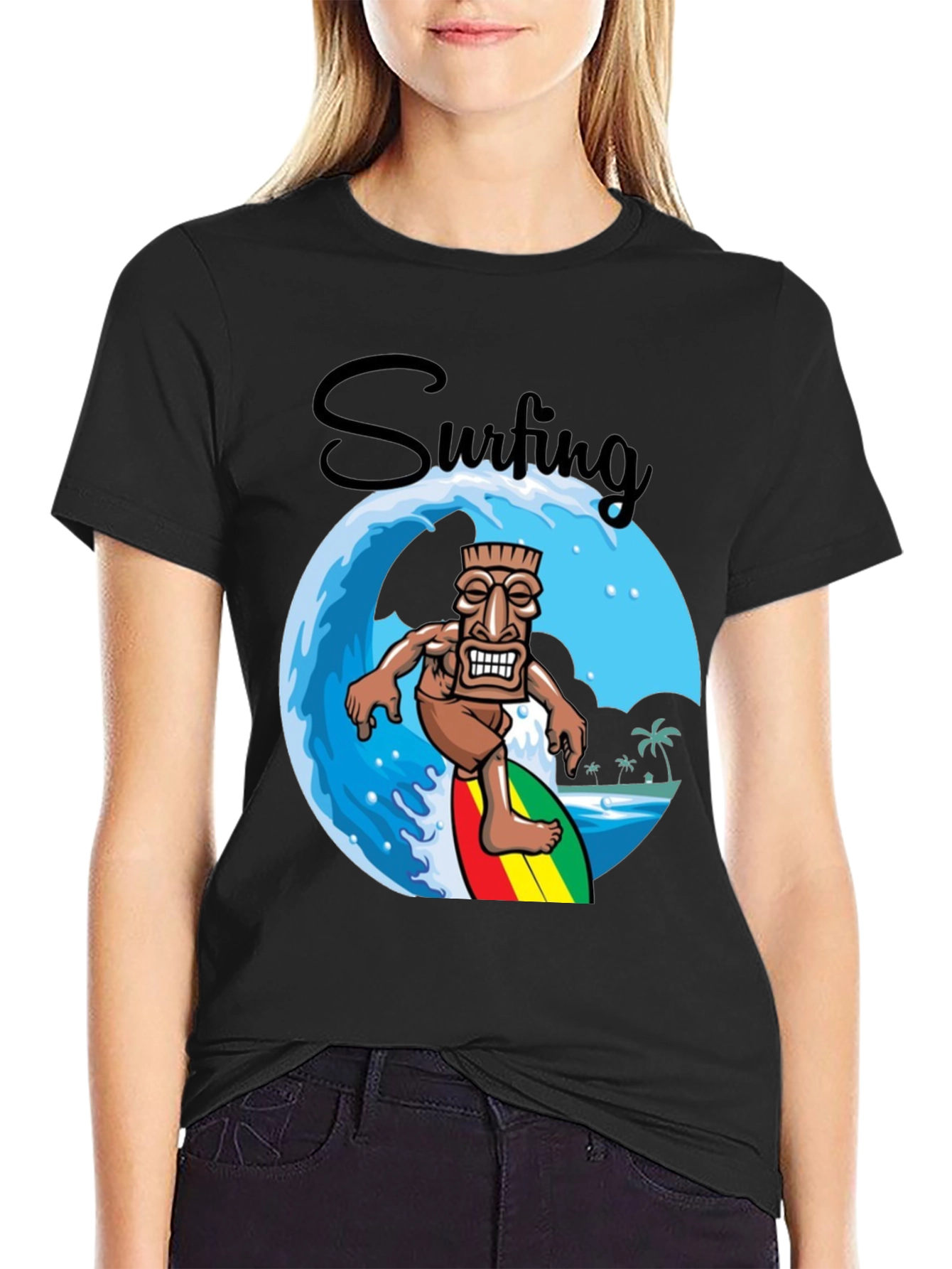 Surfing Tiki Graphic T-Shirt - Tropical Summer Style