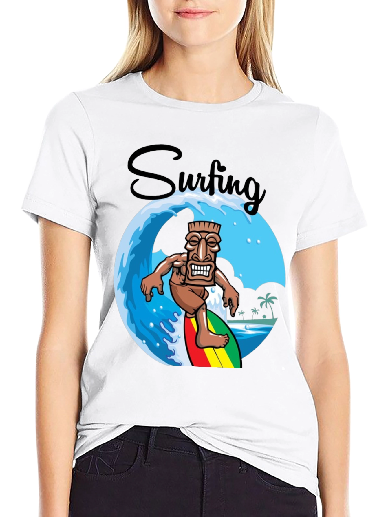 Surfing Tiki Graphic T-Shirt - Tropical Summer Style