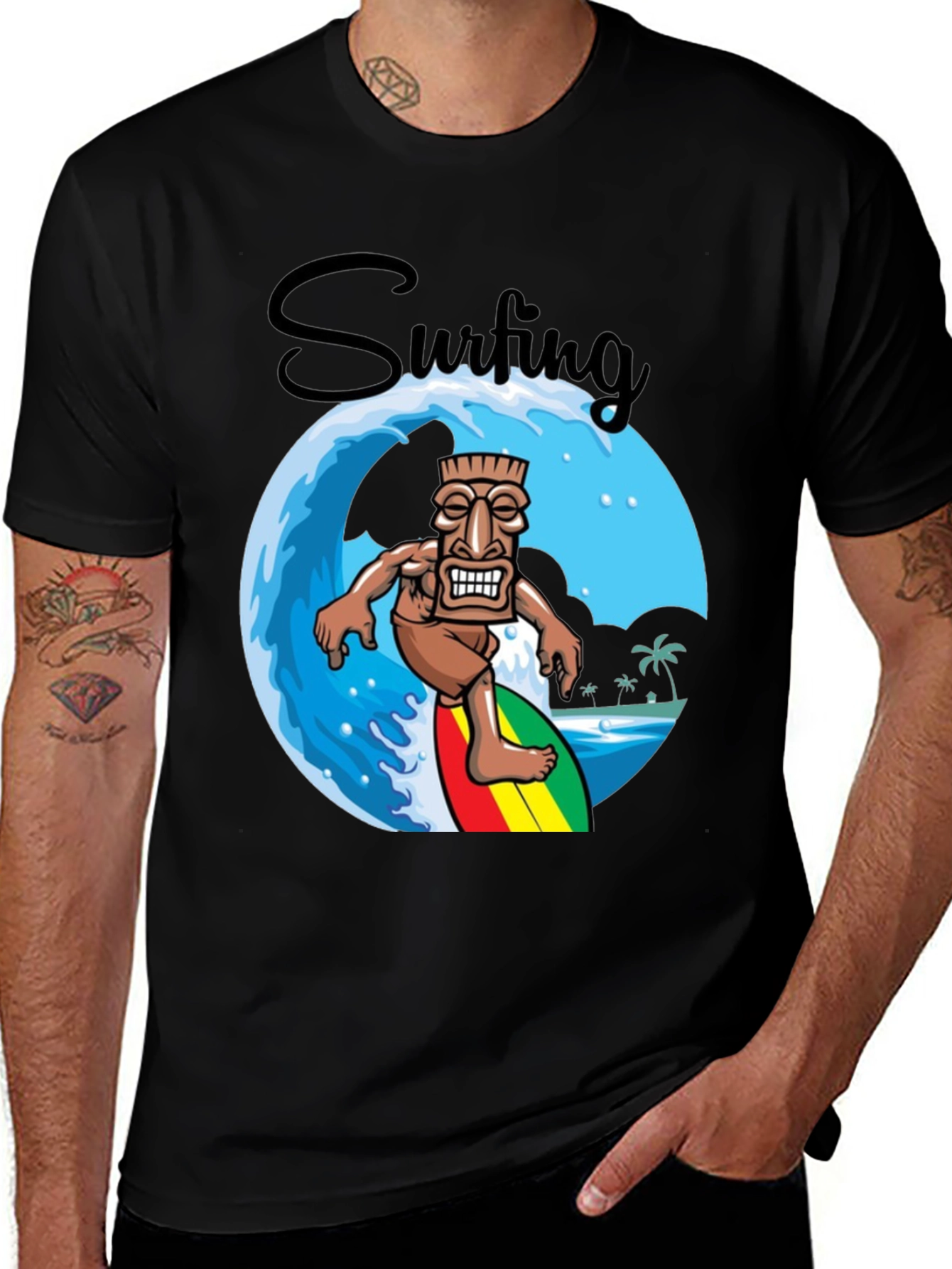 Surfing Tiki Graphic T-Shirt - Tropical Summer Style