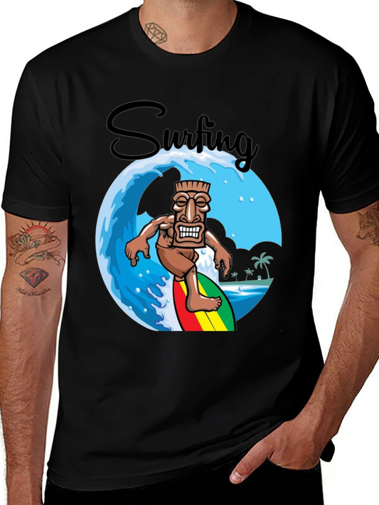 Surfing Tiki Graphic T-Shirt - Tropical Summer Style