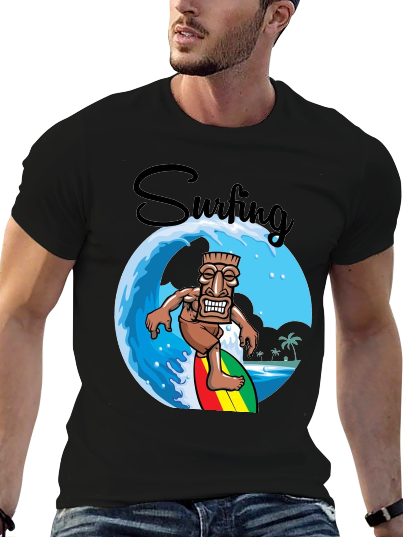 Surfing Tiki Graphic T-Shirt - Tropical Summer Style