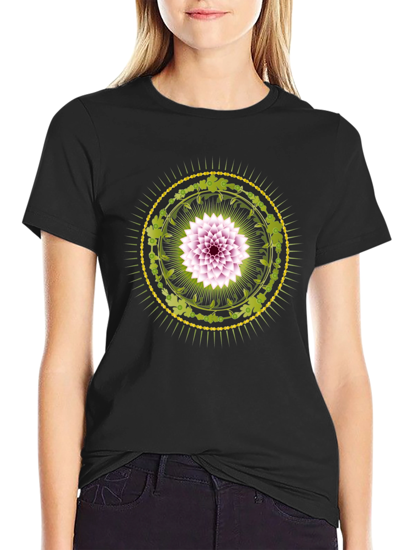Floral Mandala Graphic Print Black T-Shirt