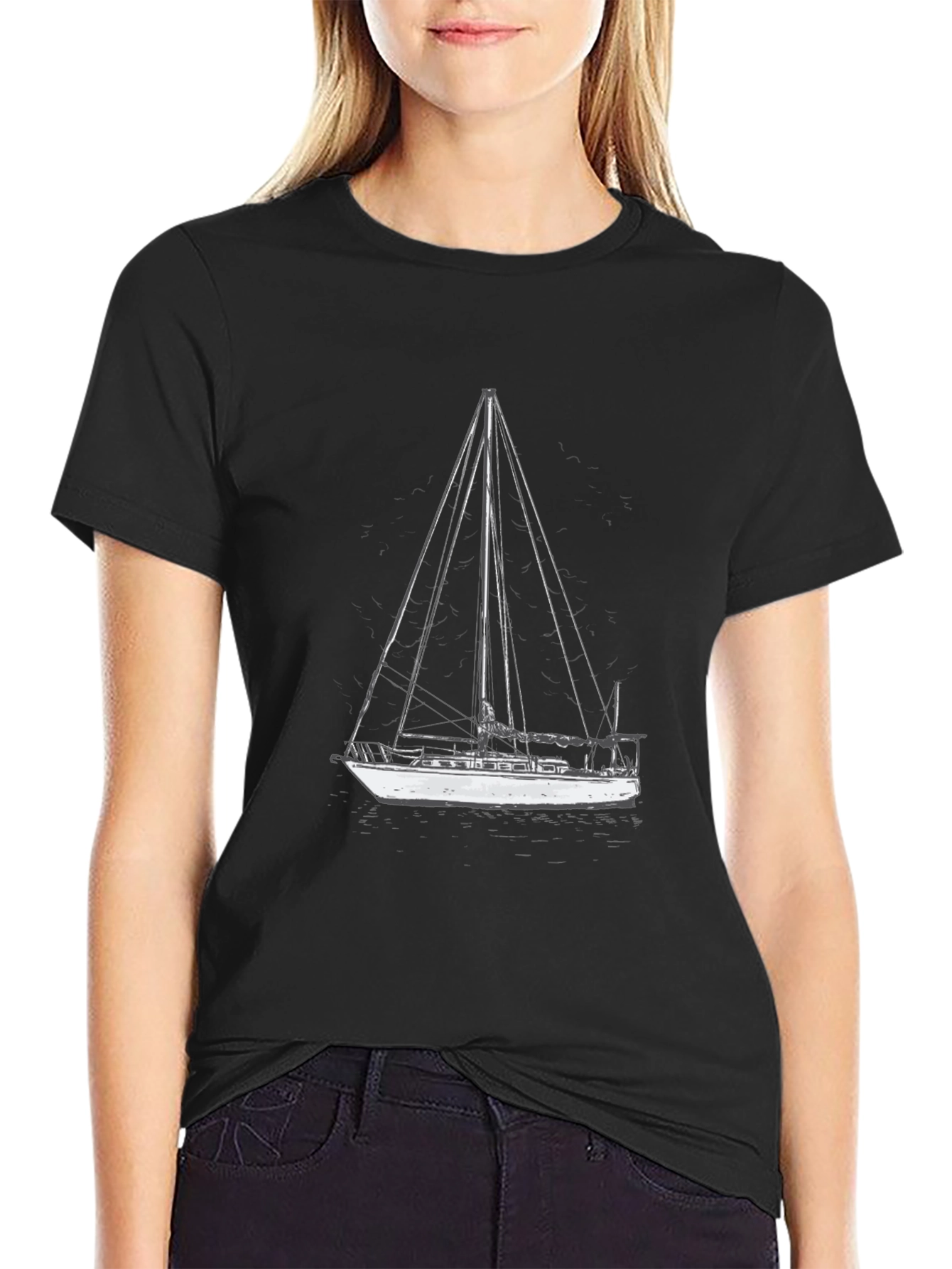 Sailboat Graphic Tee - Black Cotton T-Shirt