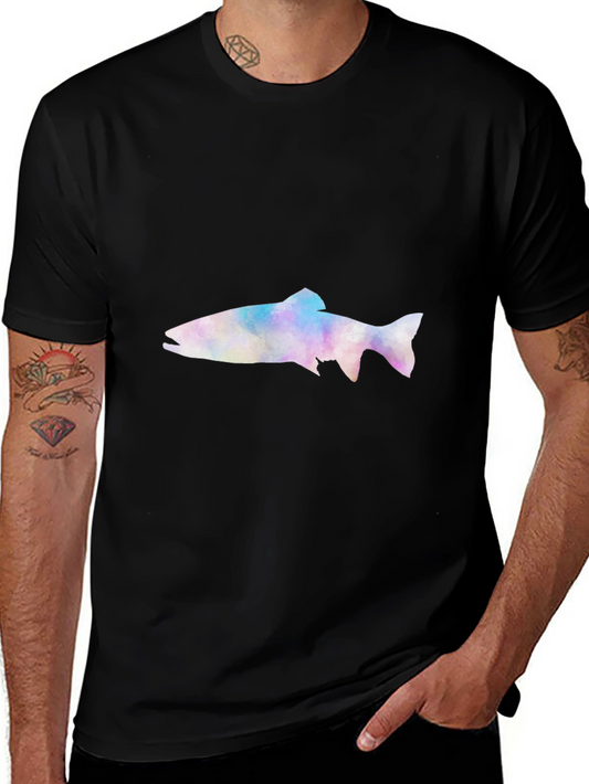Mens Black T-Shirt with Watercolor Fish Design