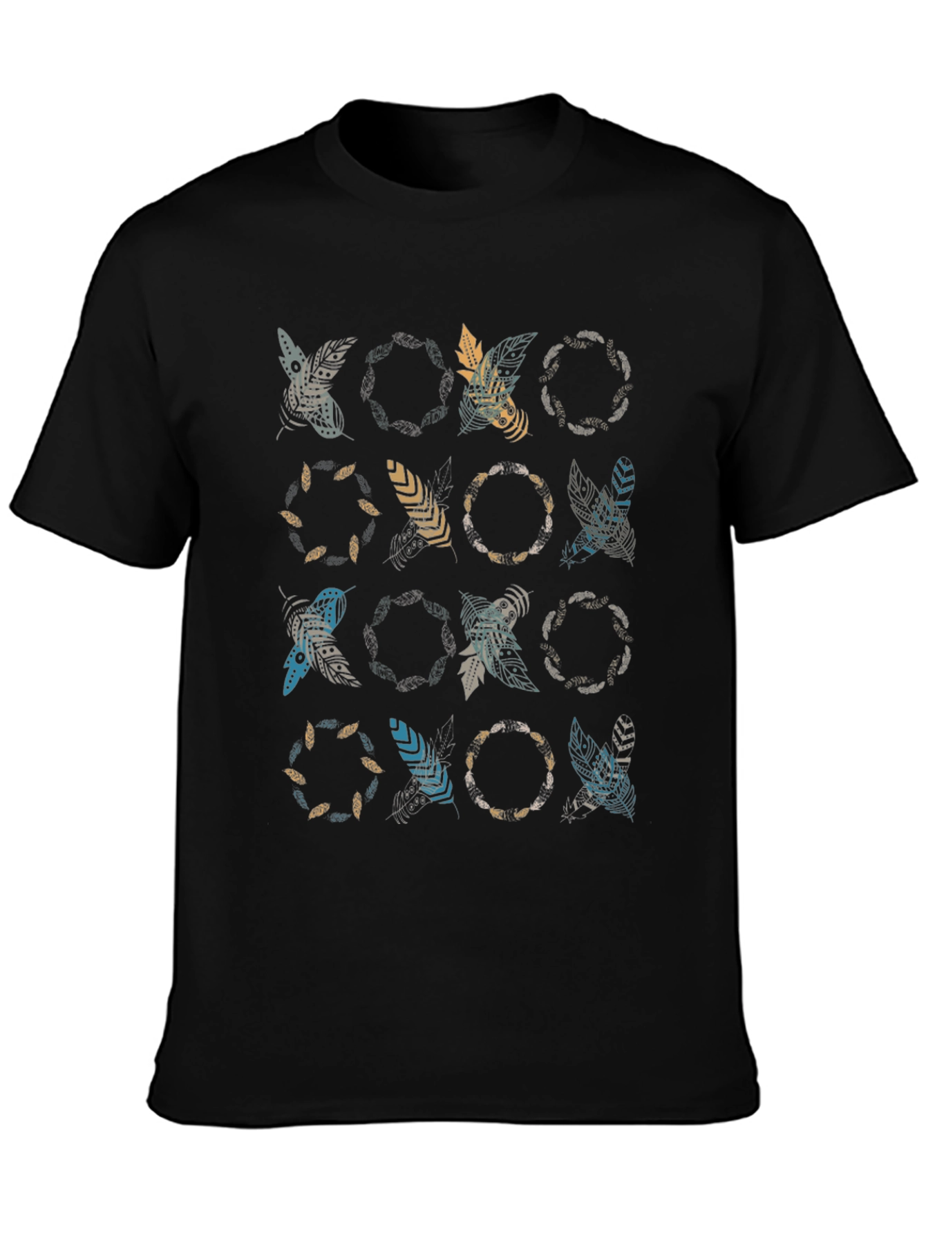 Boho Feather Print Black T-Shirt